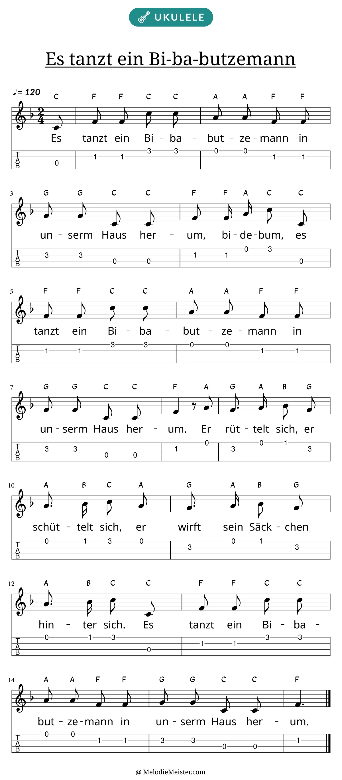 Notenblatt „Es tanzt ein Bi-ba-butzemann“ für Ukulele: Melodie mit Buchstaben über den Noten, darunter der Liedtext und die Ukulele-Tabulatur mit Bundzahlen.