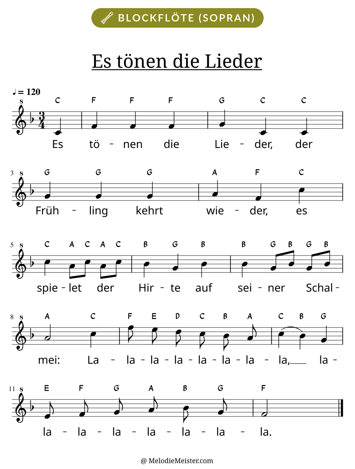 Notenblatt „Es tönen die Lieder“ für Blockflöte: Melodie mit Buchstaben über den Noten, darunter der Liedtext.
