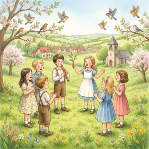 Kinder stehen im Kreis auf einer Frühlingswiese mit blühenden Bäumen und singen, Vögel fliegen auf, im Tal liegt ein Dorf mit Kirche.
