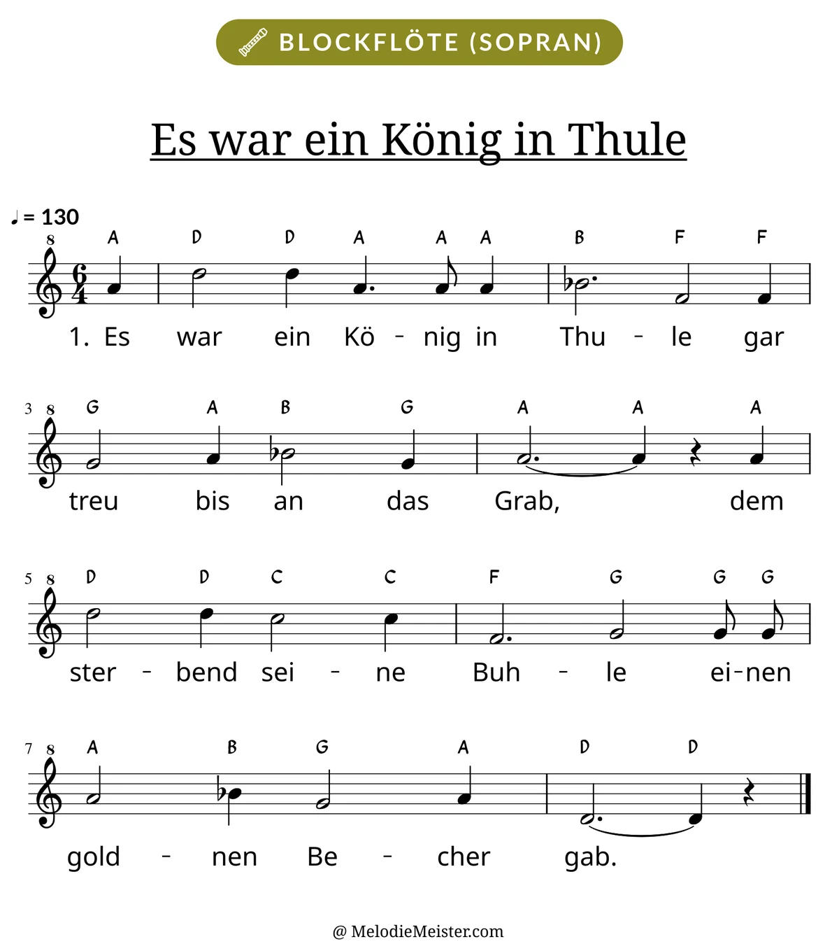 Notenblatt „Es war ein König in Thule“ für Blockflöte: Melodie mit Buchstaben über den Noten, darunter der Liedtext der 1. Strophe.