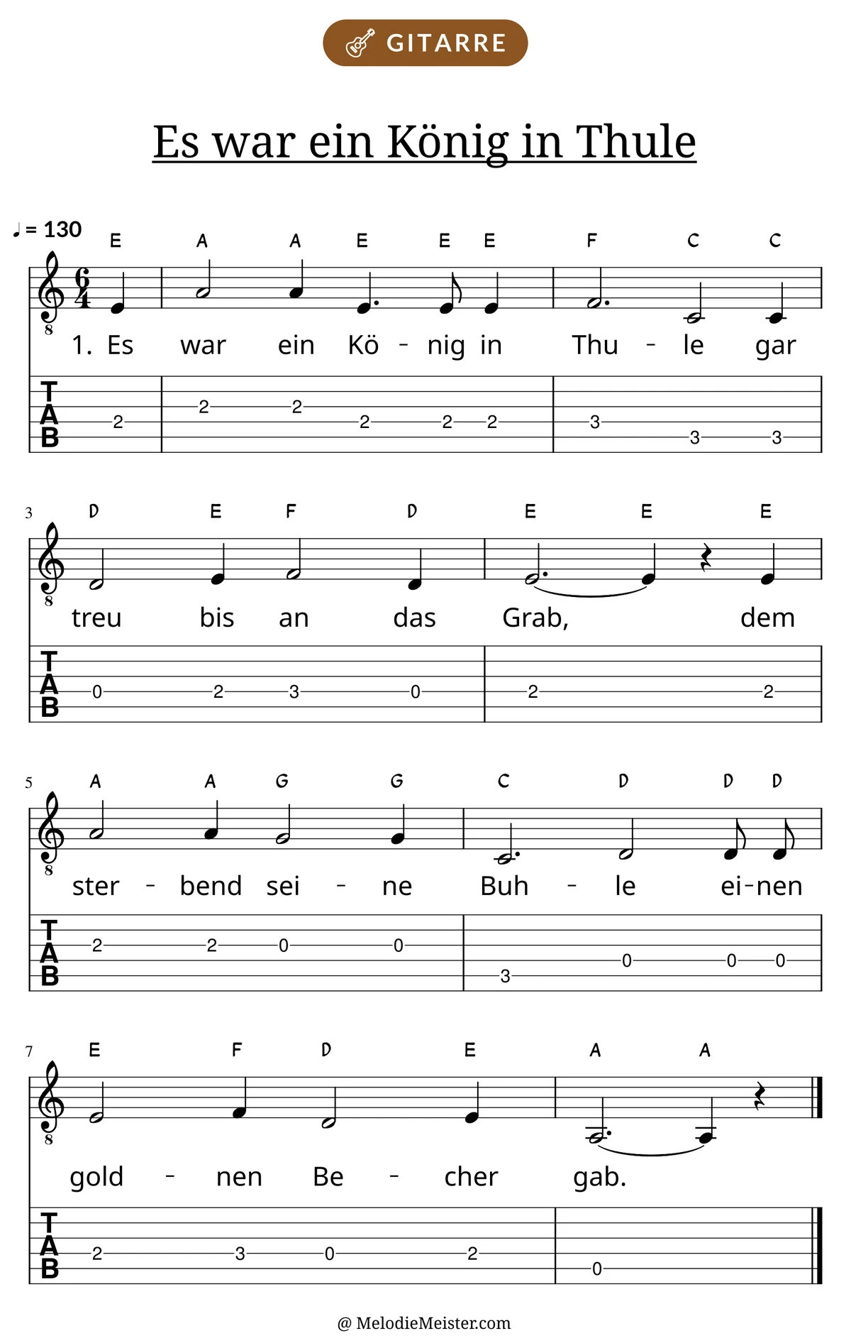 Notenblatt „Es war ein König in Thule“ für Gitarre: Melodie mit Buchstaben über den Noten, darunter der Liedtext der 1. Strophe und die Gitarren-Tabulatur mit Bundzahlen.