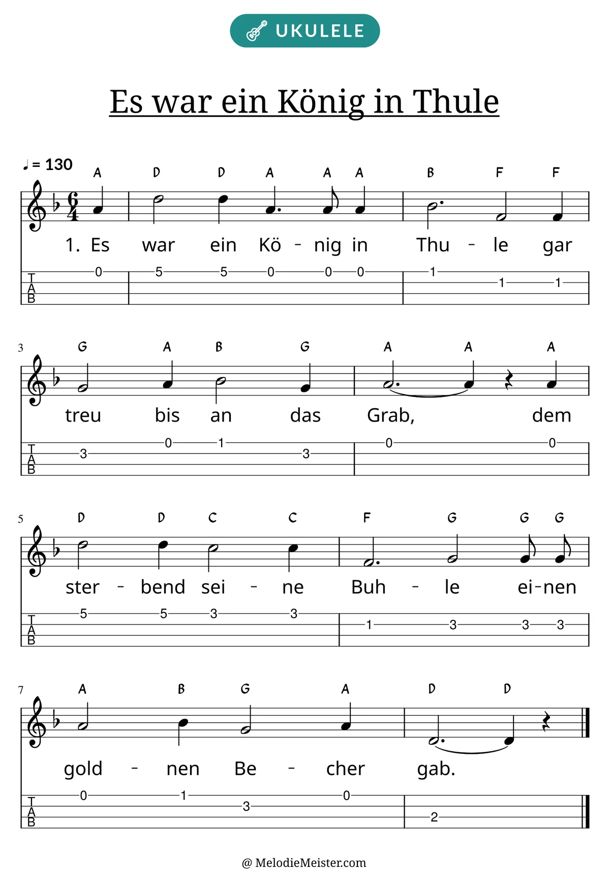 Notenblatt „Es war ein König in Thule“ für Ukulele: Melodie mit Buchstaben über den Noten, darunter der Liedtext der 1. Strophe und die Ukulele-Tabulatur mit Bundzahlen.