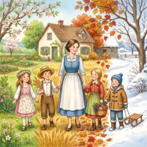 Eine Mutter steht mit vier Kindern vor einem Bauernhaus, jedes Kind steht für eine Jahreszeit – Frühlingskranz, Strohhut, Traubenkorb, Wintermantel mit Schlitten –, der Garten zeigt alle vier Jahreszeiten.