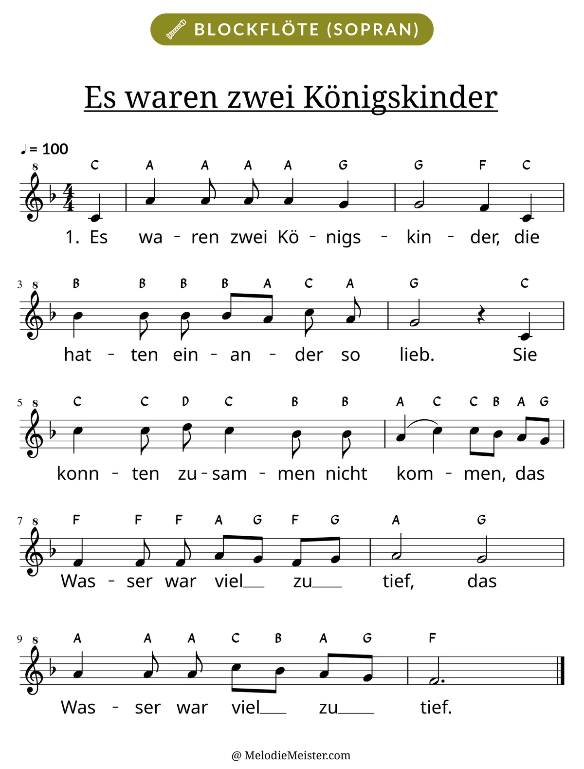Notenblatt „Es waren zwei Königskinder“ für Blockflöte: Melodie mit Buchstaben über den Noten, darunter der Liedtext der 1. Strophe.