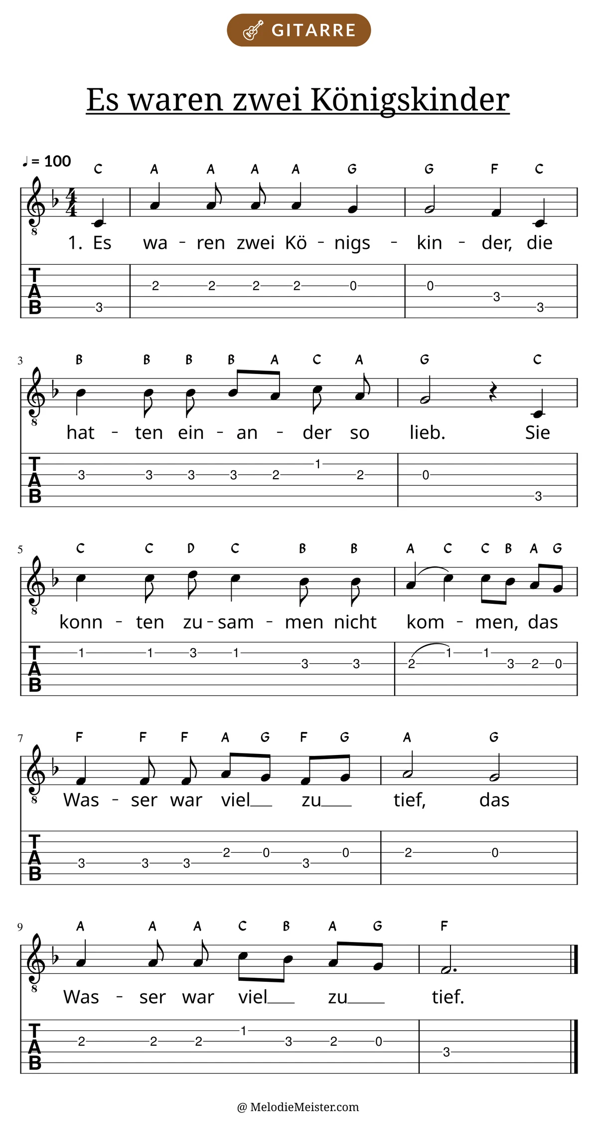 Notenblatt „Es waren zwei Königskinder“ für Gitarre: Melodie mit Buchstaben über den Noten, darunter der Liedtext der 1. Strophe und die Gitarren-Tabulatur mit Bundzahlen.