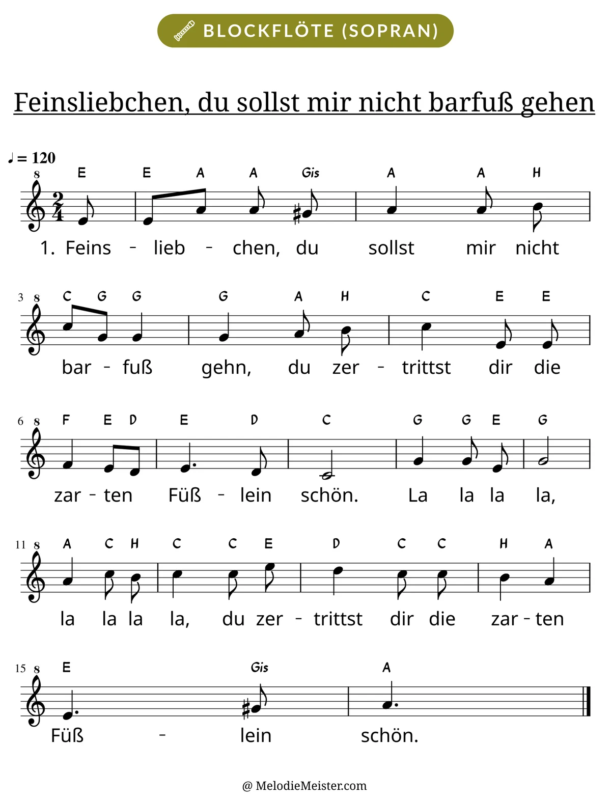 Notenblatt „Feinsliebchen, du sollst mir nicht barfuß gehen“ für Blockflöte: Melodie mit Buchstaben über den Noten, darunter der Liedtext der 1. Strophe.