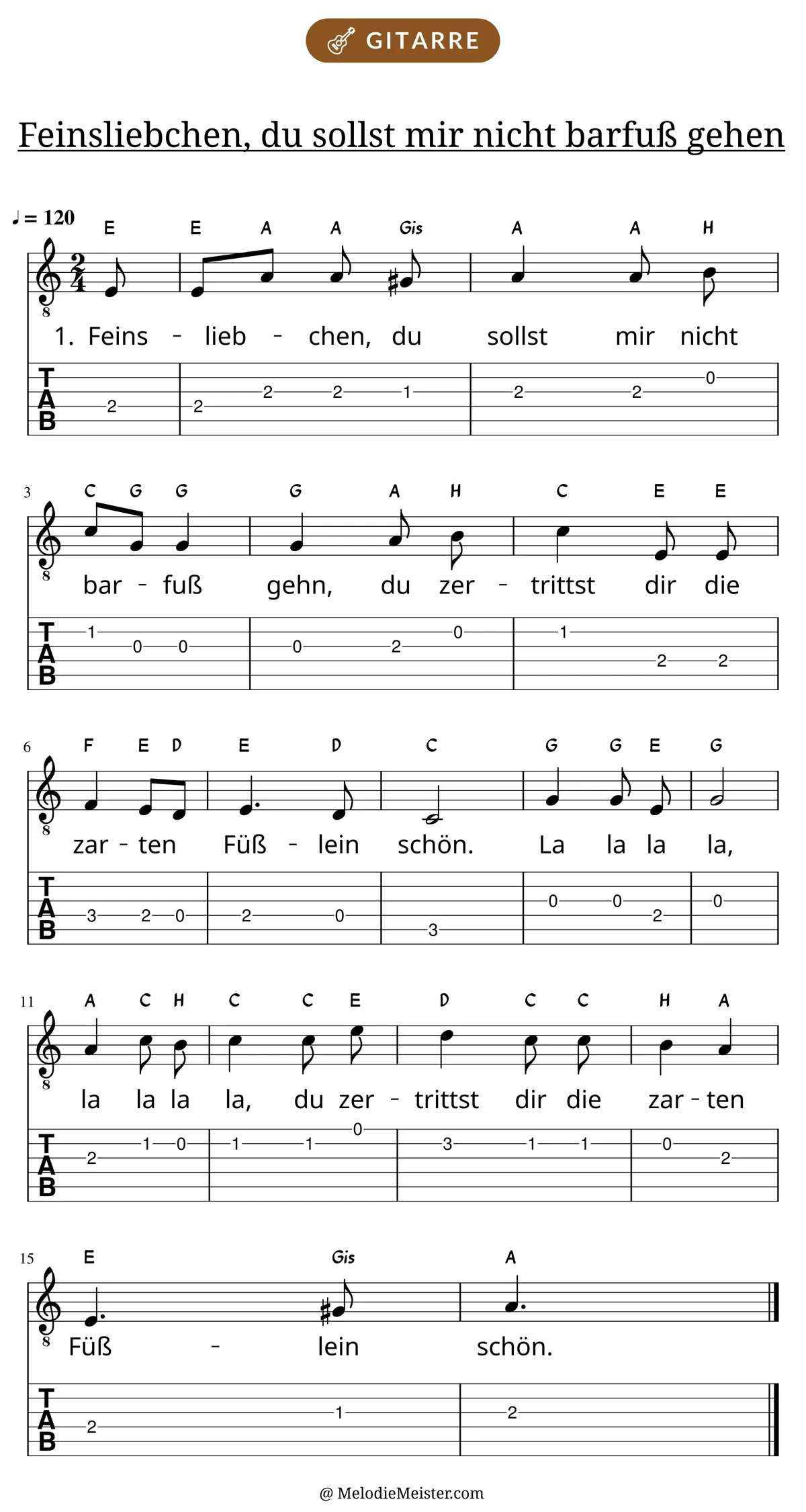 Notenblatt „Feinsliebchen, du sollst mir nicht barfuß gehen“ für Gitarre: Melodie mit Buchstaben über den Noten, darunter der Liedtext der 1. Strophe und die Gitarren-Tabulatur mit Bundzahlen.