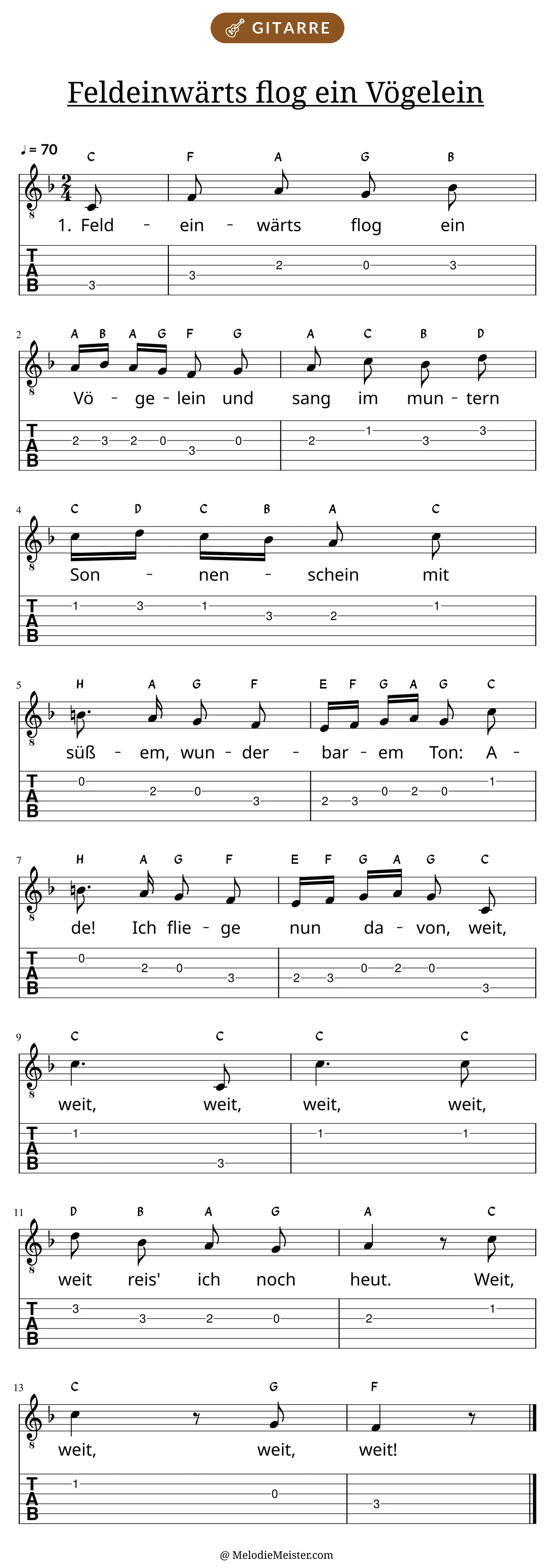 Notenblatt „Feldeinwärts flog ein Vögelein“ für Gitarre: Melodie mit Buchstaben über den Noten, darunter der Liedtext der 1. Strophe und die Gitarren-Tabulatur mit Bundzahlen.