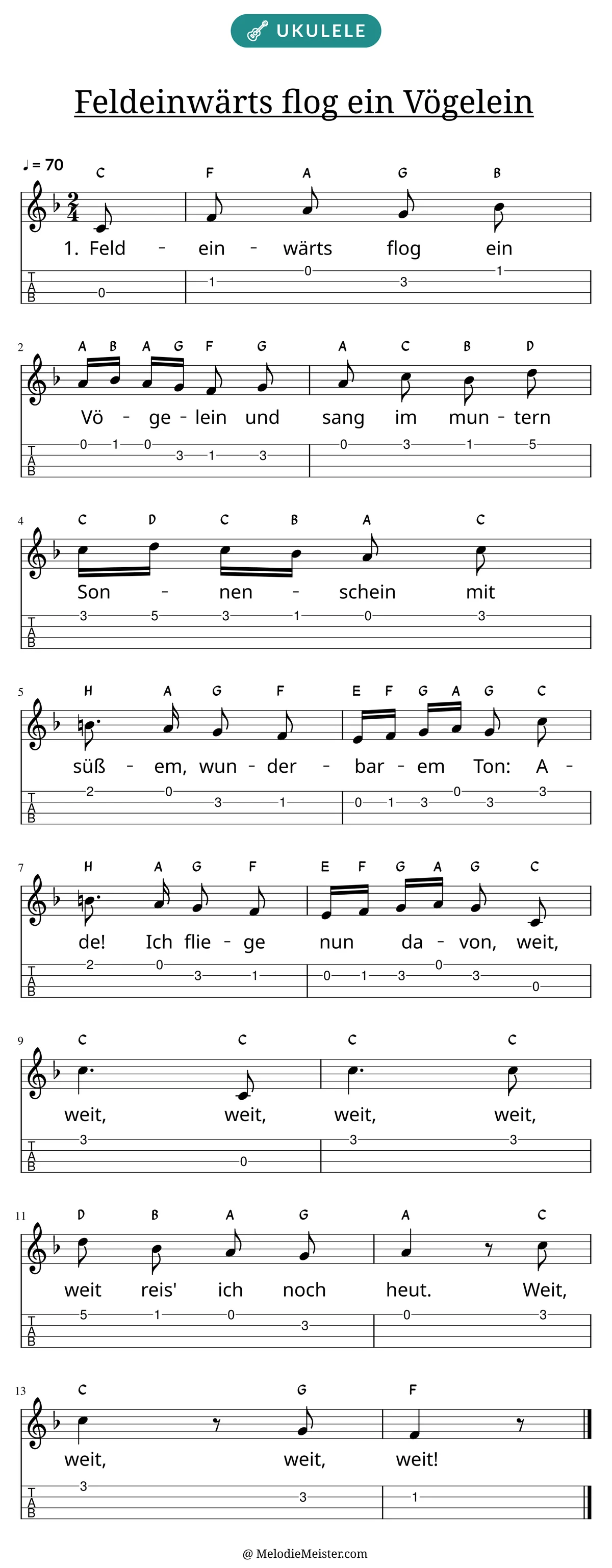 Notenblatt „Feldeinwärts flog ein Vögelein“ für Ukulele: Melodie mit Buchstaben über den Noten, darunter der Liedtext der 1. Strophe und die Ukulele-Tabulatur mit Bundzahlen.