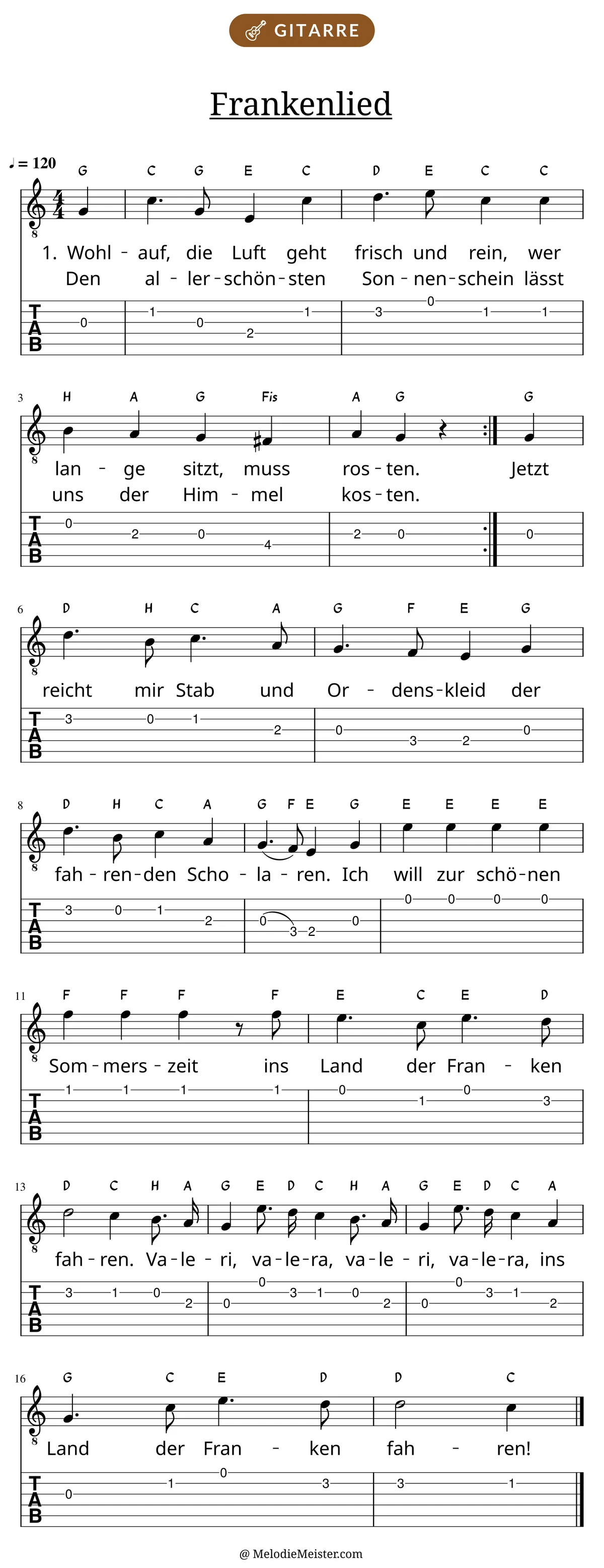 Notenblatt „Frankenlied“ für Gitarre: Melodie mit Buchstaben über den Noten, darunter der Liedtext der ersten beiden Strophen und die Gitarren-Tabulatur mit Bundzahlen.