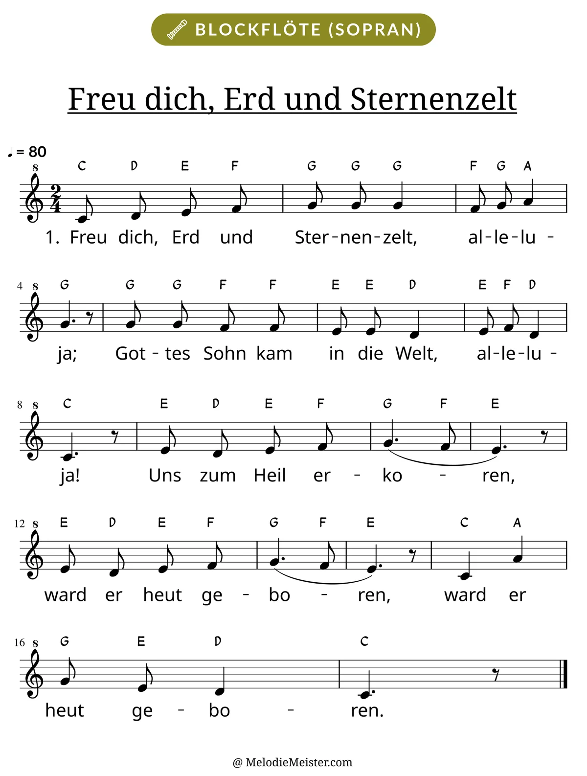 Notenblatt „Freu dich, Erd und Sternenzelt“ für Blockflöte: Melodie mit Buchstaben über den Noten, darunter der Liedtext der 1. Strophe.