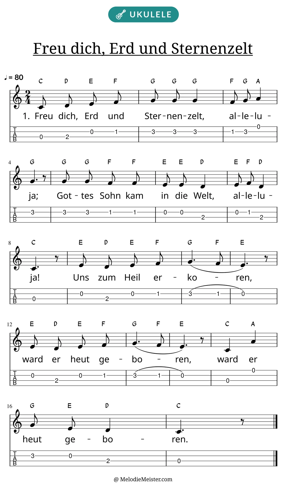 Notenblatt „Freu dich, Erd und Sternenzelt“ für Ukulele: Melodie mit Buchstaben über den Noten, darunter der Liedtext der 1. Strophe und die Ukulele-Tabulatur mit Bundzahlen.