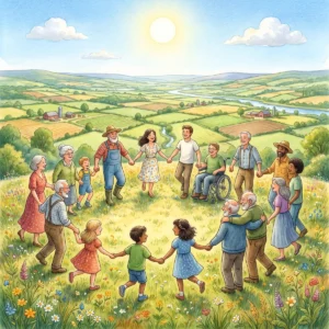 Menschen ganz verschiedener Herkunft und jeden Alters, auch ein Mann im Rollstuhl, tanzen Hand in Hand im Kreis auf einer sonnigen Wiese über einem weiten Tal.