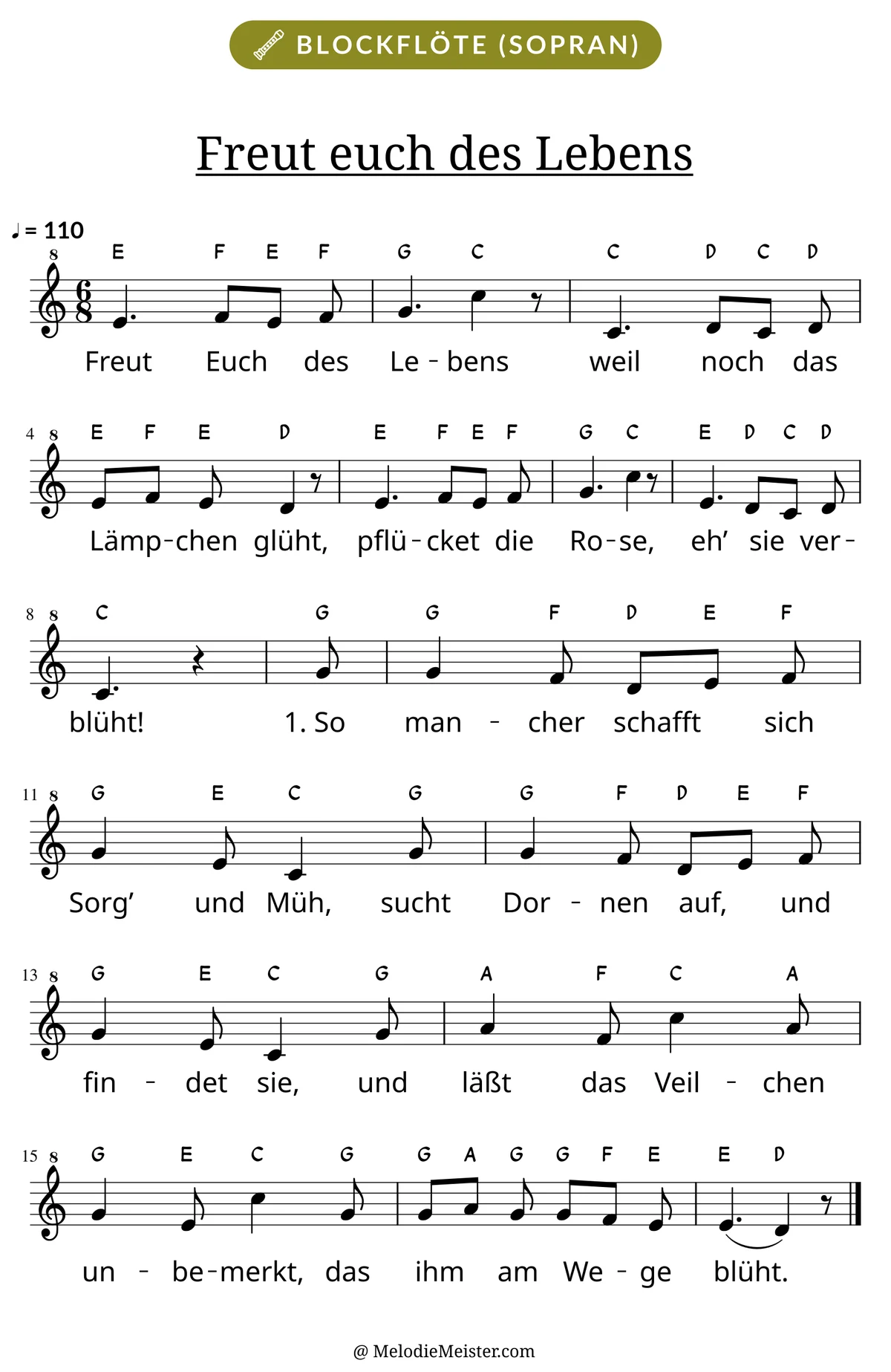 Notenblatt „Freut euch des Lebens“ für Blockflöte: Melodie mit Buchstaben über den Noten, darunter der Liedtext der 1. Strophe.