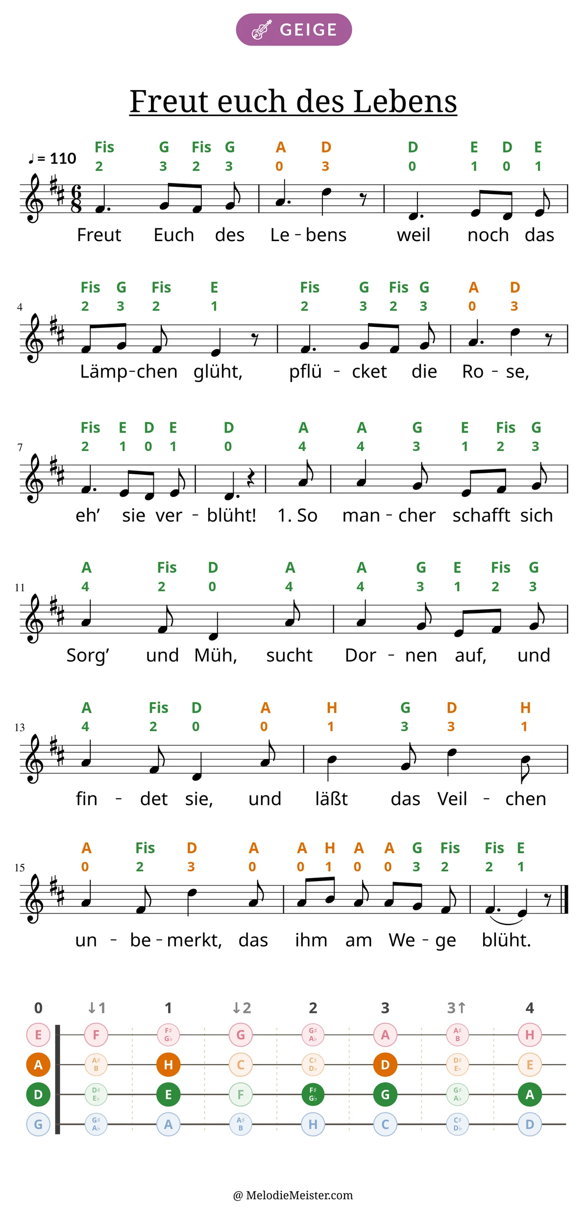 Notenblatt „Freut euch des Lebens“ für Geige: Melodie mit Buchstaben und Fingerziffern in Saitenfarben über den Noten, darunter der Liedtext der 1. Strophe, unten das Griffbrett der ersten Lage mit den gegriffenen Tönen.