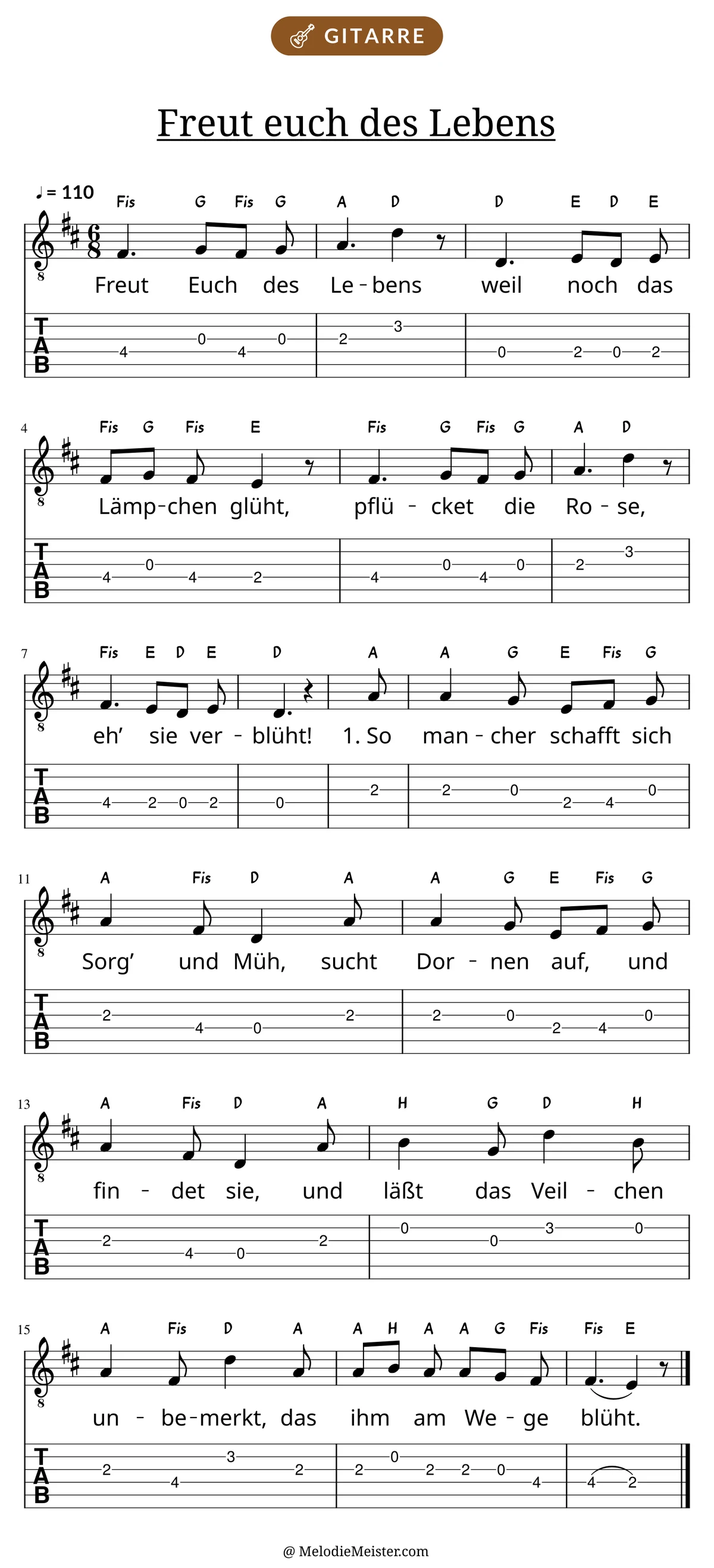 Notenblatt „Freut euch des Lebens“ für Gitarre: Melodie mit Buchstaben über den Noten, darunter der Liedtext der 1. Strophe und die Gitarren-Tabulatur mit Bundzahlen.
