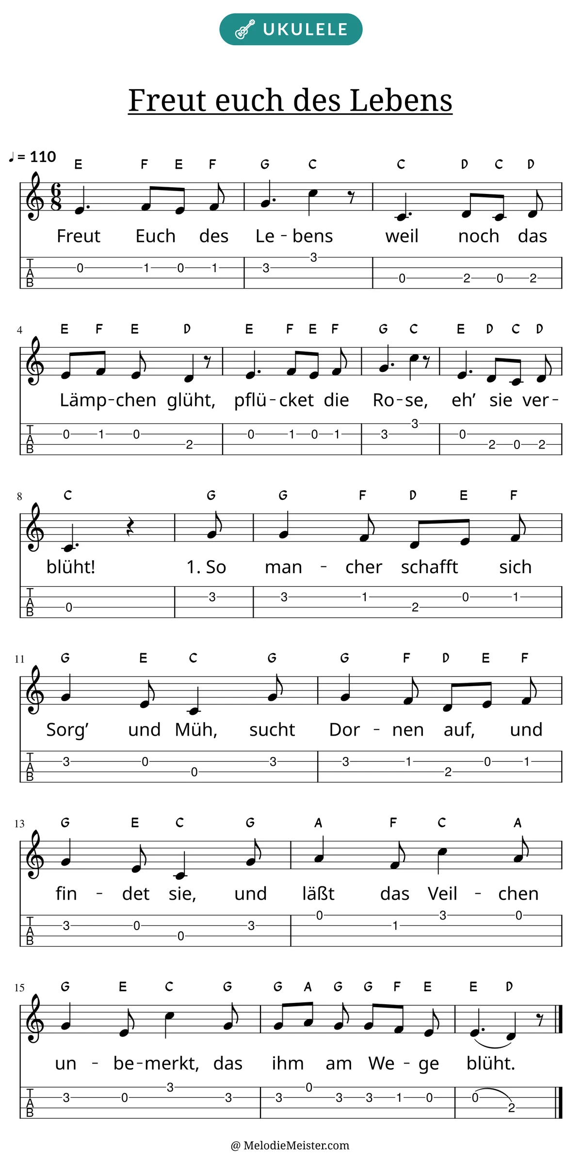 Notenblatt „Freut euch des Lebens“ für Ukulele: Melodie mit Buchstaben über den Noten, darunter der Liedtext der 1. Strophe und die Ukulele-Tabulatur mit Bundzahlen.