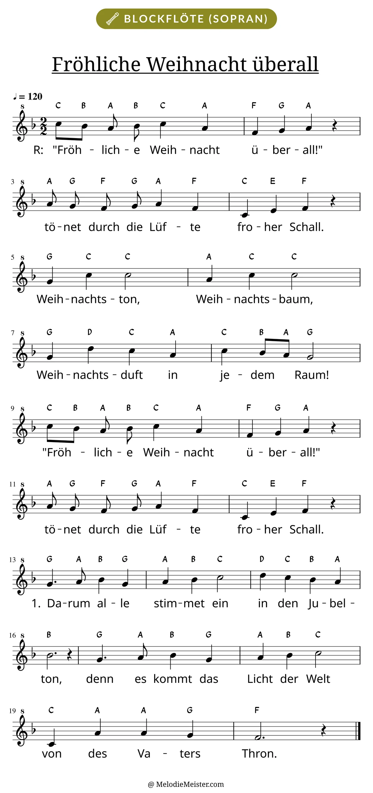 Notenblatt „Fröhliche Weihnacht überall“ für Blockflöte: Melodie mit Buchstaben über den Noten, darunter der Liedtext der 1. Strophe.