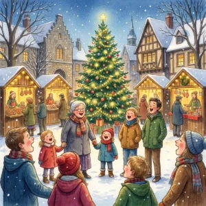 Menschen jeden Alters singen gemeinsam auf einem Marktplatz mit großem geschmücktem Weihnachtsbaum und beleuchteten Holzbuden.