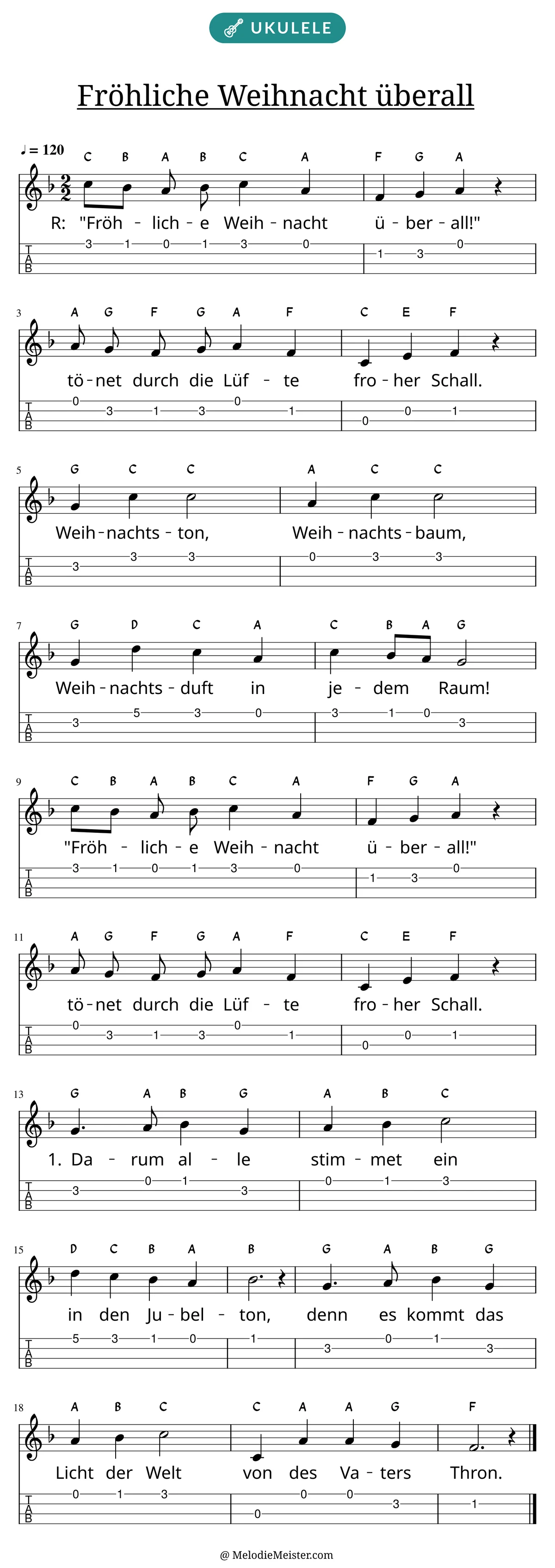 Notenblatt „Fröhliche Weihnacht überall“ für Ukulele: Melodie mit Buchstaben über den Noten, darunter der Liedtext der 1. Strophe und die Ukulele-Tabulatur mit Bundzahlen.