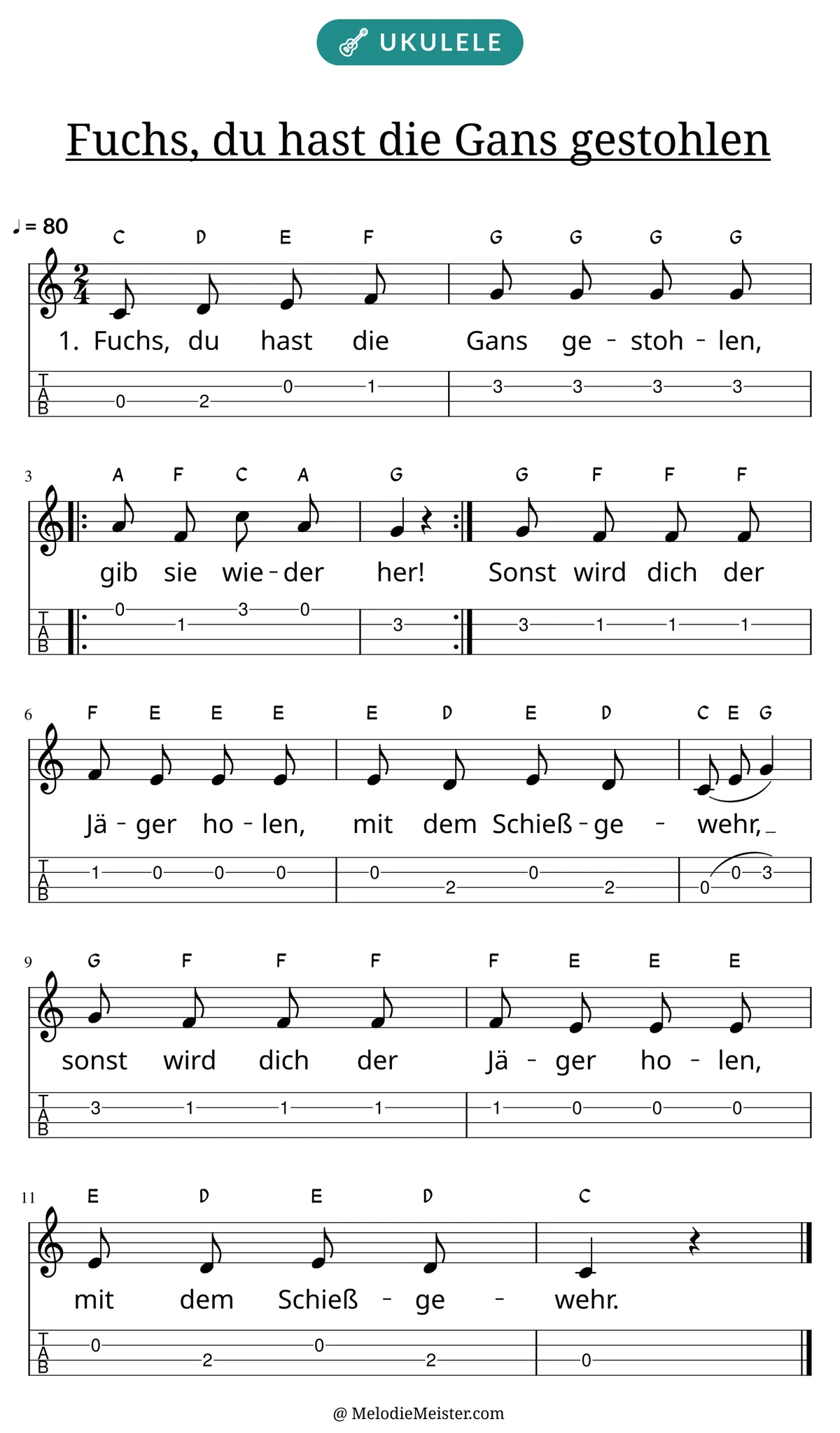 Notenblatt „Fuchs, du hast die Gans gestohlen“ für Ukulele: Melodie mit Buchstaben über den Noten, darunter der Liedtext der 1. Strophe und die Ukulele-Tabulatur mit Bundzahlen.