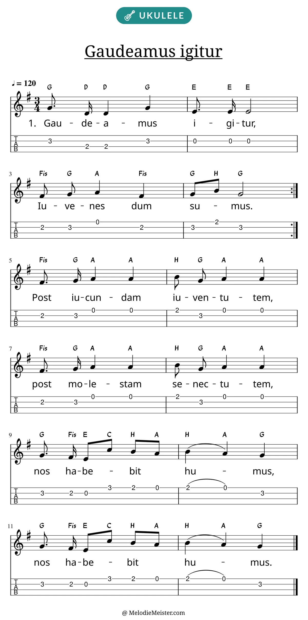 Notenblatt „Gaudeamus igitur“ für Ukulele: Melodie mit Buchstaben über den Noten, darunter der Liedtext der 1. Strophe und die Ukulele-Tabulatur mit Bundzahlen.