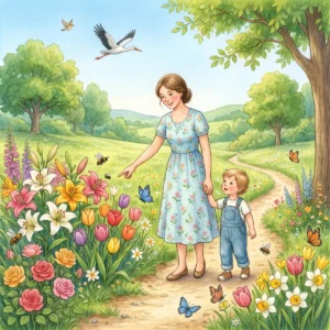Eine Frau im Sommerkleid geht mit einem kleinen Kind an der Hand durch einen blühenden Garten mit Lilien, Tulpen und Rosen, ein Storch fliegt.