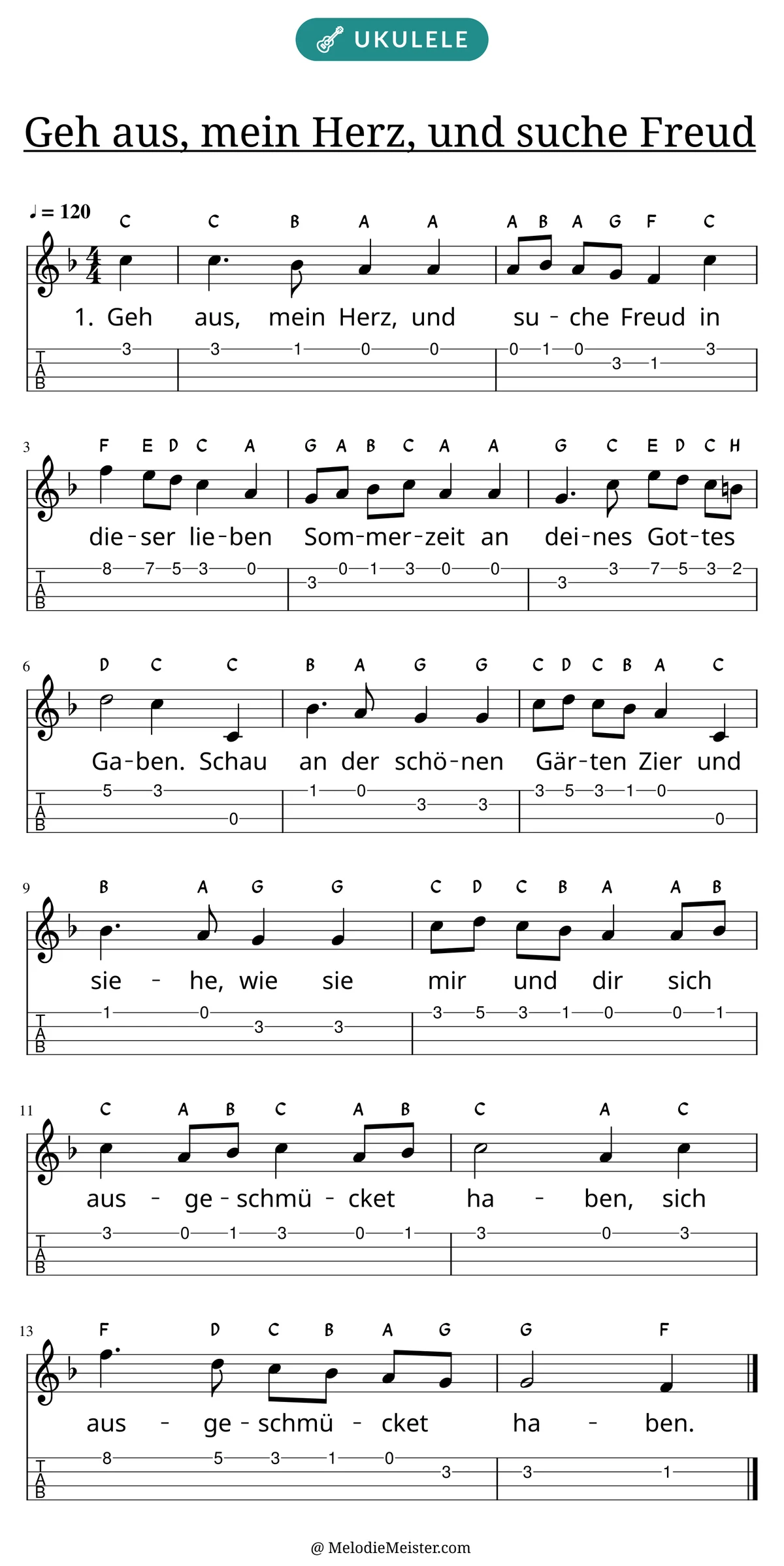 Notenblatt „Geh aus, mein Herz, und suche Freud“ für Ukulele: Melodie mit Buchstaben über den Noten, darunter der Liedtext der 1. Strophe und die Ukulele-Tabulatur mit Bundzahlen.