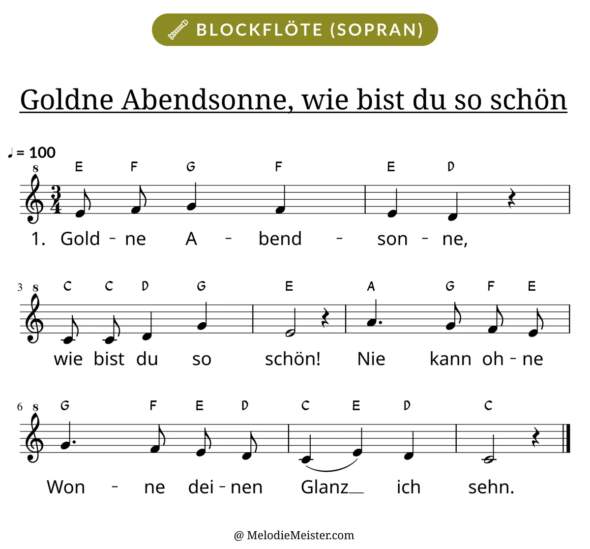 Notenblatt „Goldne Abendsonne, wie bist du so schön“ für Blockflöte: Melodie mit Buchstaben über den Noten, darunter der Liedtext der 1. Strophe.