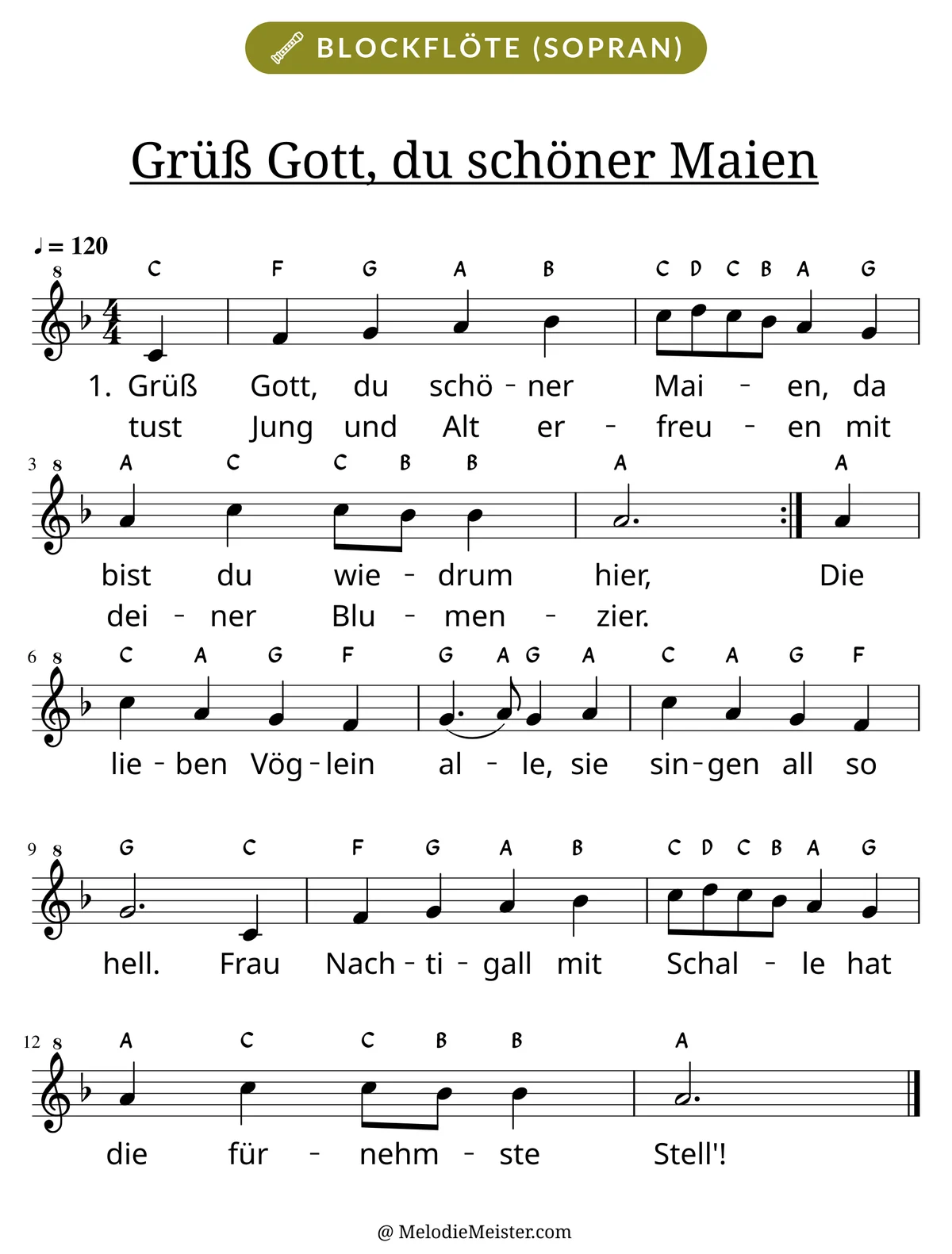 Notenblatt „Grüß Gott, du schöner Maien“ für Blockflöte: Melodie mit Buchstaben über den Noten, darunter der Liedtext der ersten beiden Strophen.
