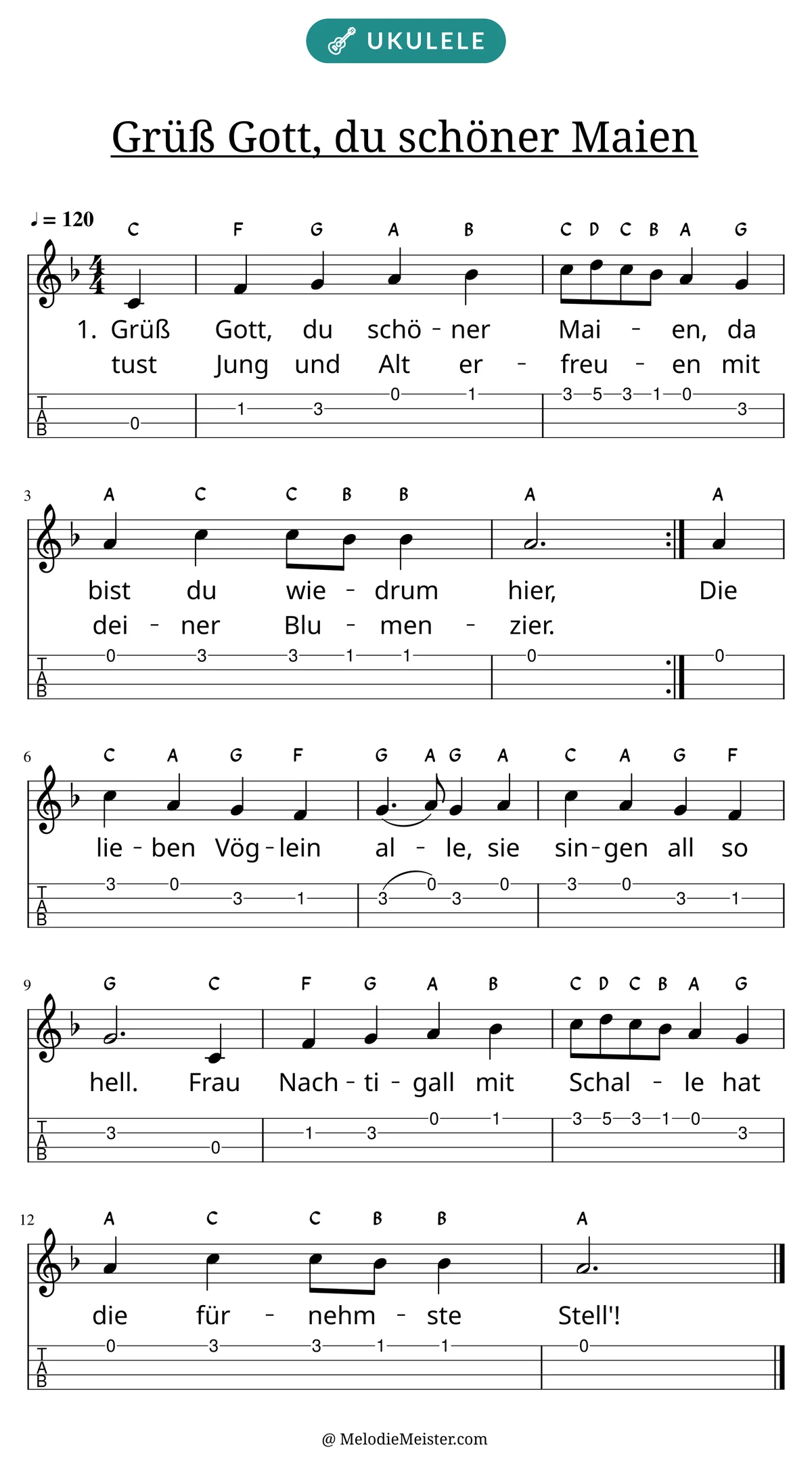 Notenblatt „Grüß Gott, du schöner Maien“ für Ukulele: Melodie mit Buchstaben über den Noten, darunter der Liedtext der ersten beiden Strophen und die Ukulele-Tabulatur mit Bundzahlen.