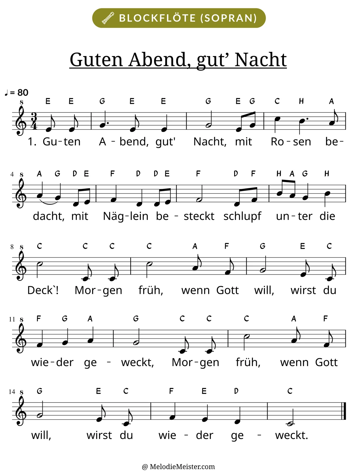 Notenblatt „Guten Abend, gut’ Nacht“ für Blockflöte: Melodie mit Buchstaben über den Noten, darunter der Liedtext der 1. Strophe.