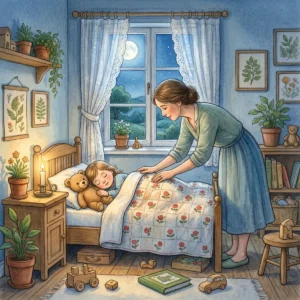 Eine Mutter deckt ihr schlafendes Kind mit einer Rosendecke zu, ein Teddy liegt im Bett, eine Kerze brennt, durchs Fenster scheint der Mond.
