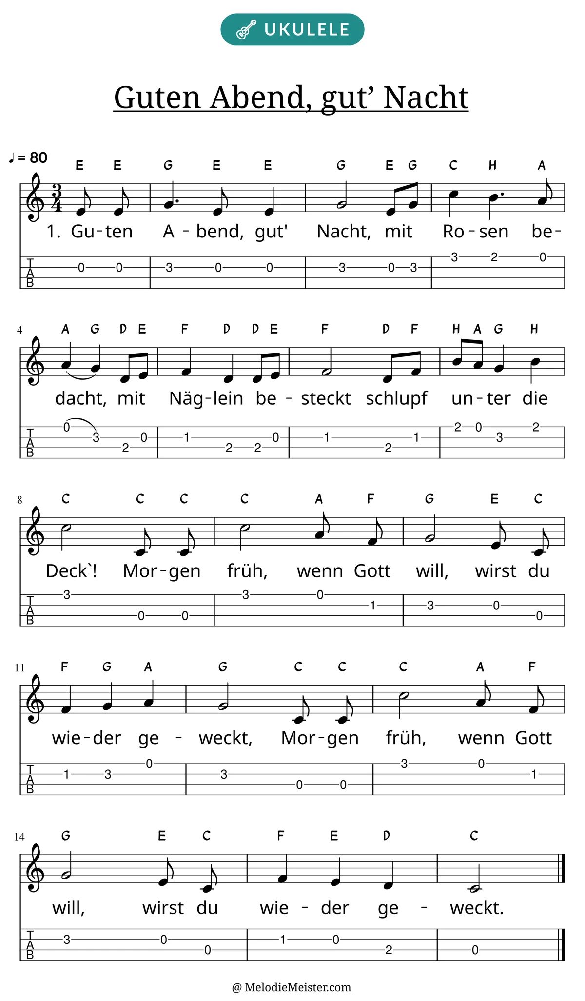 Notenblatt „Guten Abend, gut’ Nacht“ für Ukulele: Melodie mit Buchstaben über den Noten, darunter der Liedtext der 1. Strophe und die Ukulele-Tabulatur mit Bundzahlen.