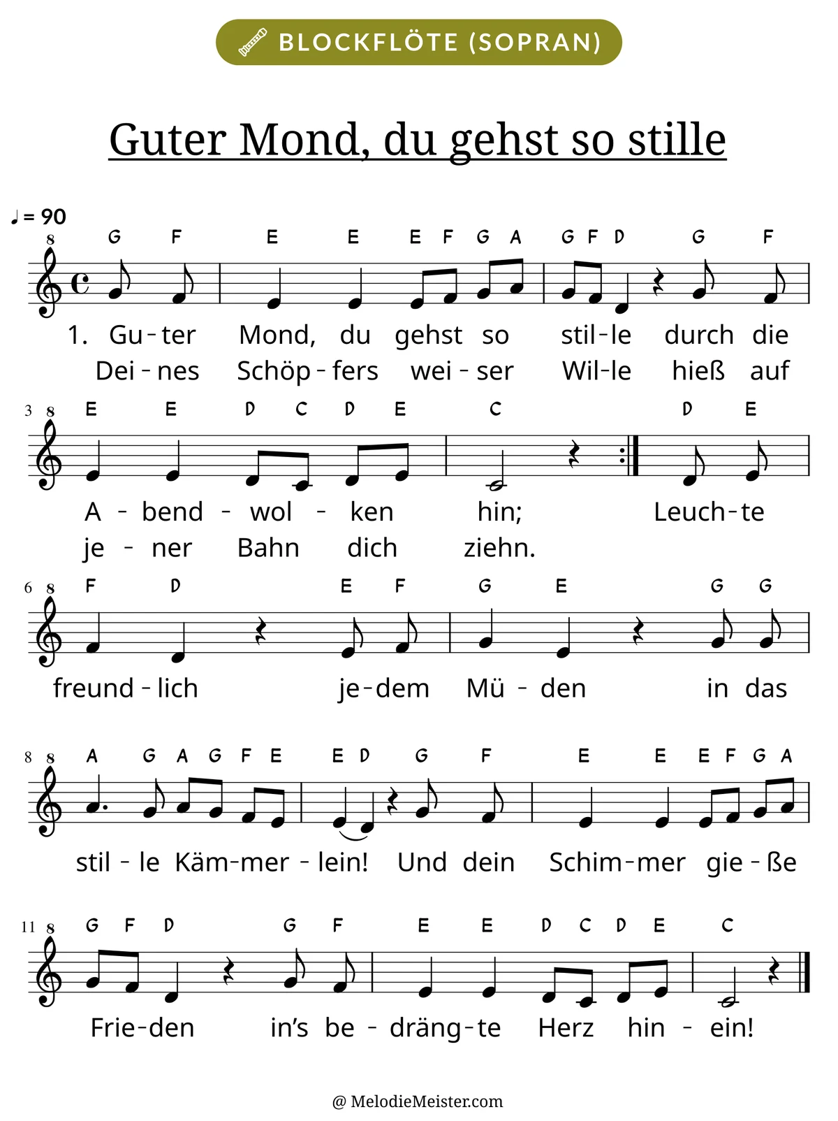 Notenblatt „Guter Mond, du gehst so stille“ für Blockflöte: Melodie mit Buchstaben über den Noten, darunter der Liedtext der ersten beiden Strophen.