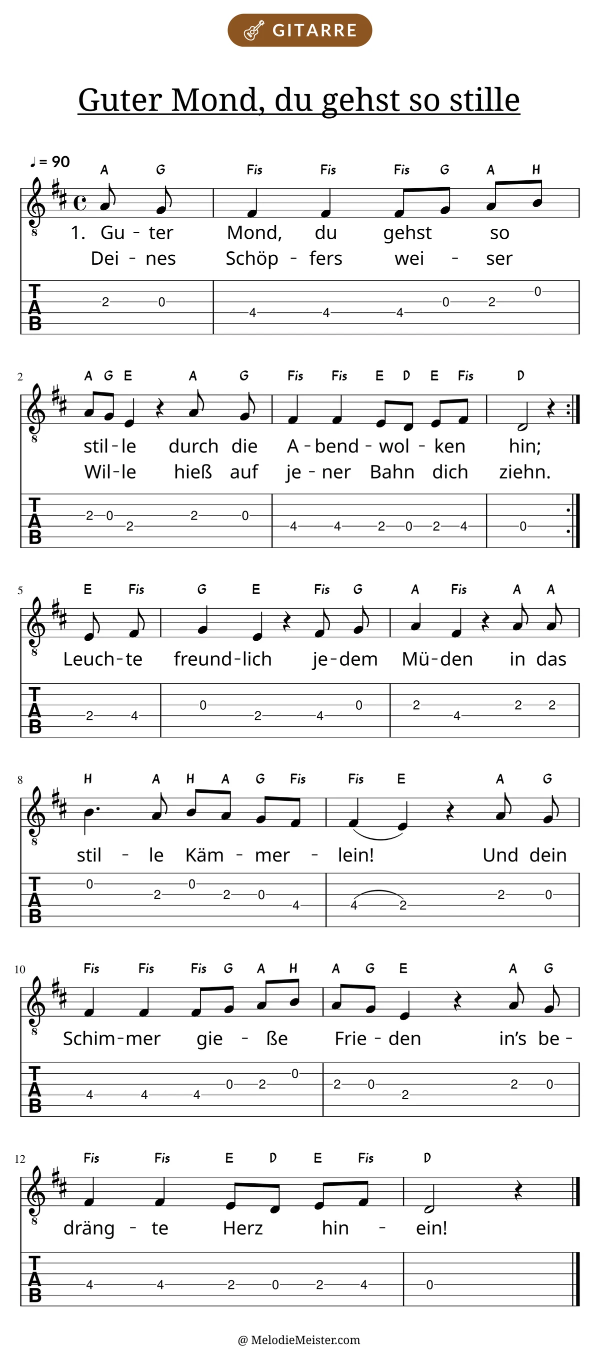 Notenblatt „Guter Mond, du gehst so stille“ für Gitarre: Melodie mit Buchstaben über den Noten, darunter der Liedtext der ersten beiden Strophen und die Gitarren-Tabulatur mit Bundzahlen.