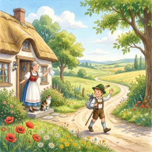 Der kleine Hans mit Federhut, Stock und Bündel wandert winkend einen Feldweg entlang, seine Mutter winkt ihm mit einem Tuch an der Tür des Strohdachhauses nach.