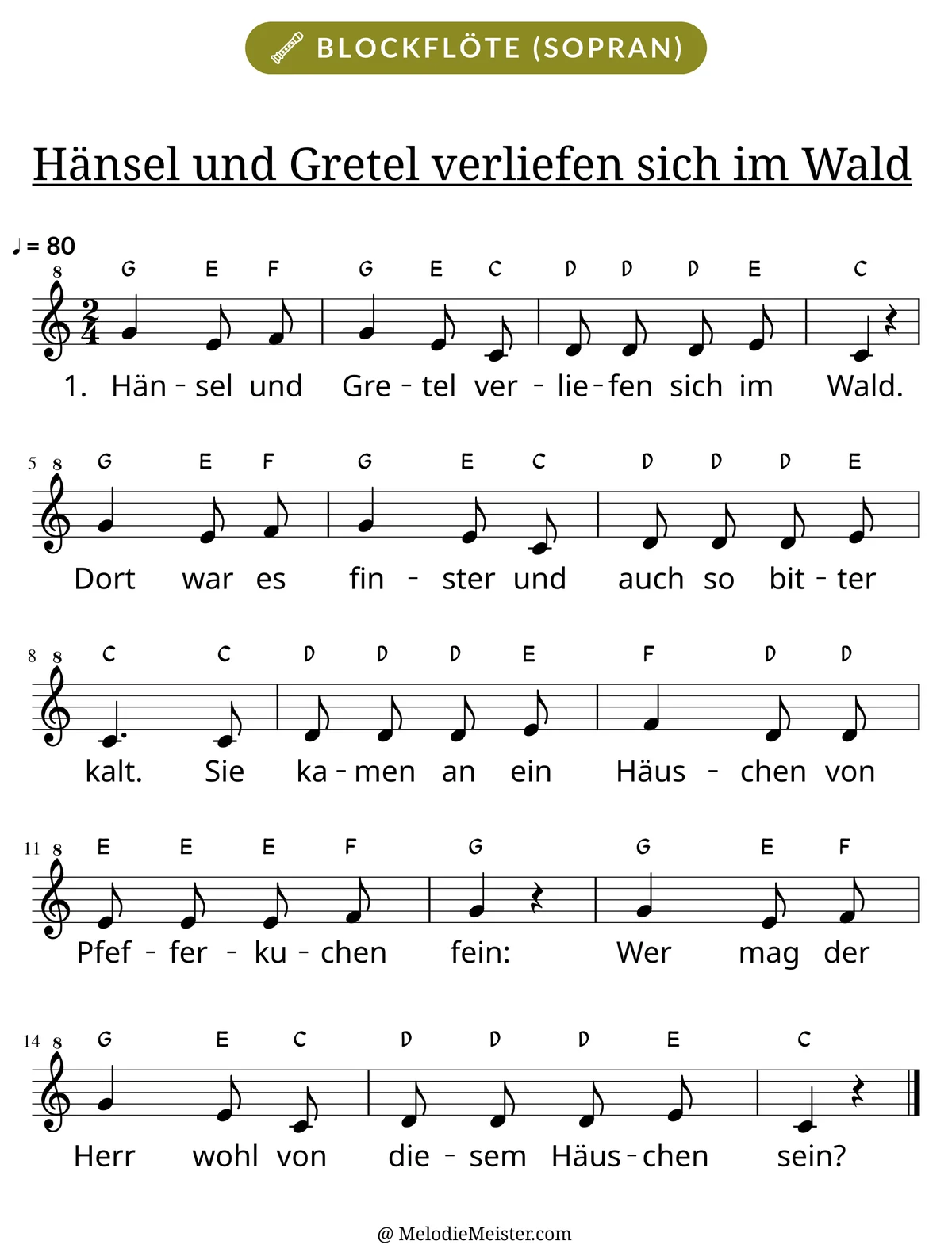Notenblatt „Hänsel und Gretel verliefen sich im Wald“ für Blockflöte: Melodie mit Buchstaben über den Noten, darunter der Liedtext der 1. Strophe.