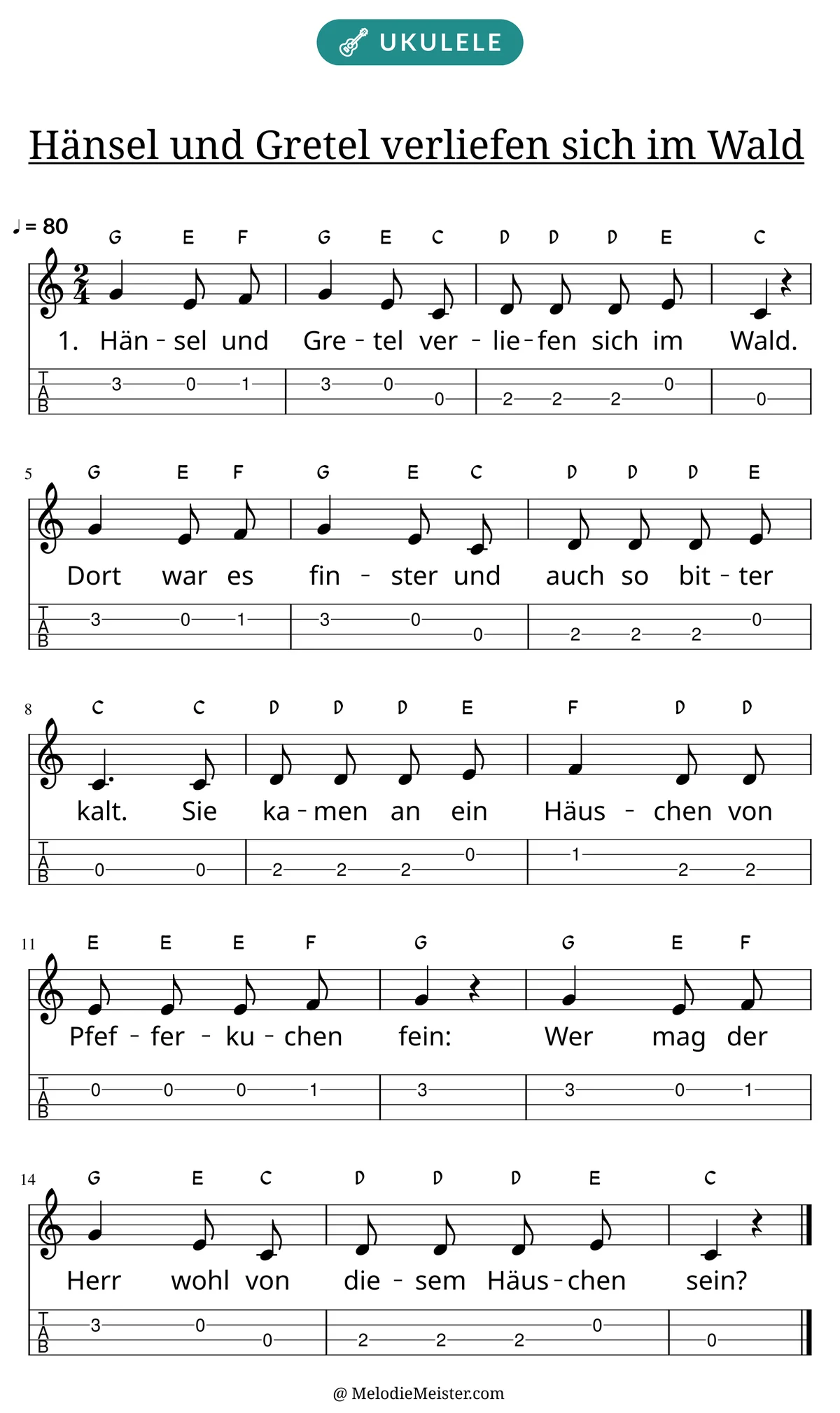 Notenblatt „Hänsel und Gretel verliefen sich im Wald“ für Ukulele: Melodie mit Buchstaben über den Noten, darunter der Liedtext der 1. Strophe und die Ukulele-Tabulatur mit Bundzahlen.