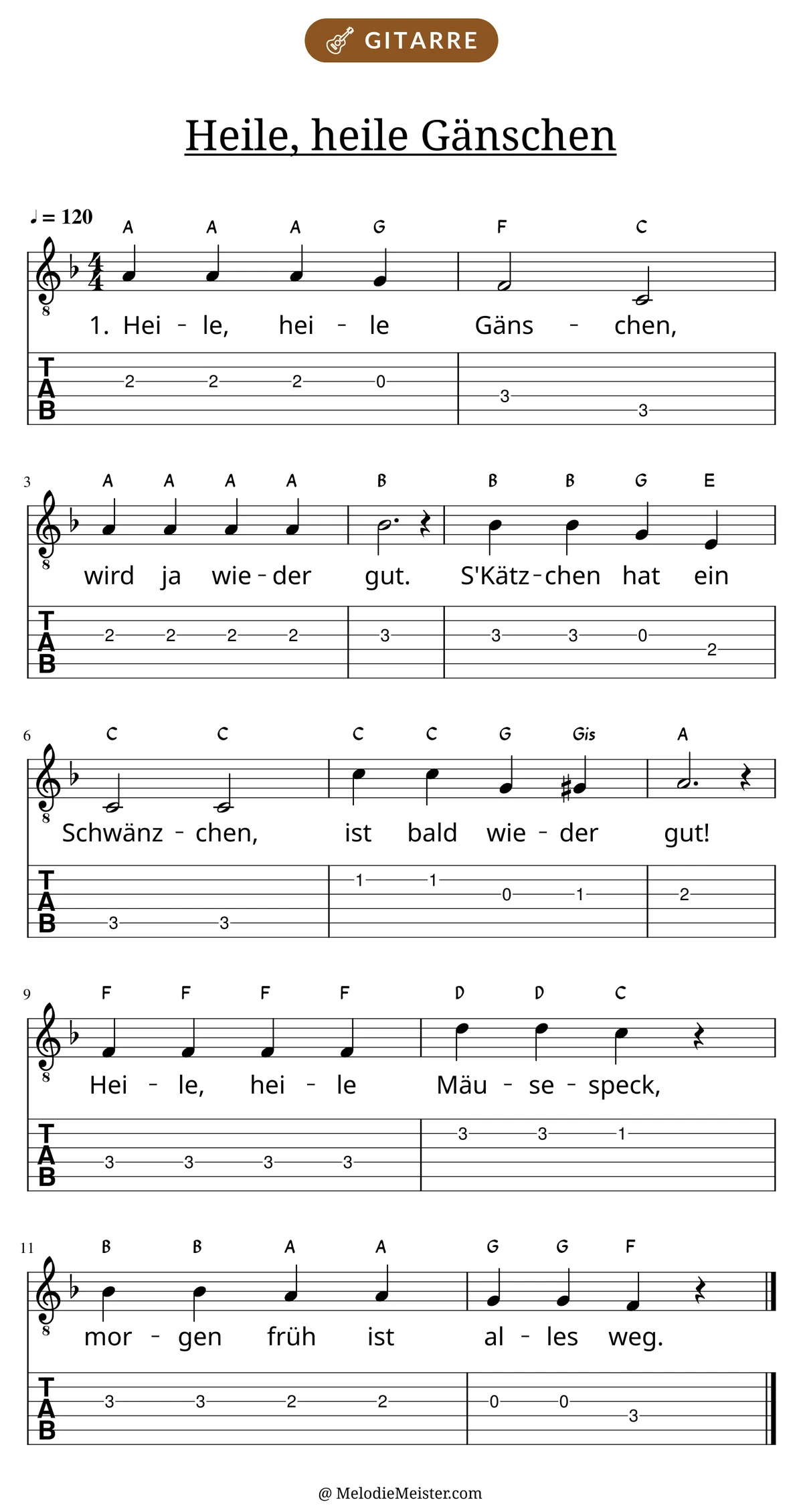 Notenblatt „Heile, heile Gänschen“ für Gitarre: Melodie mit Buchstaben über den Noten, darunter der Liedtext der 1. Strophe und die Gitarren-Tabulatur mit Bundzahlen.