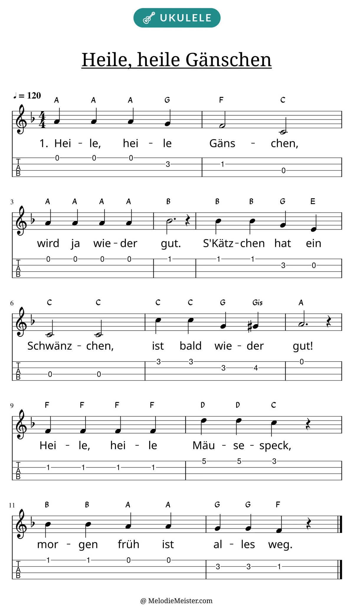 Notenblatt „Heile, heile Gänschen“ für Ukulele: Melodie mit Buchstaben über den Noten, darunter der Liedtext der 1. Strophe und die Ukulele-Tabulatur mit Bundzahlen.