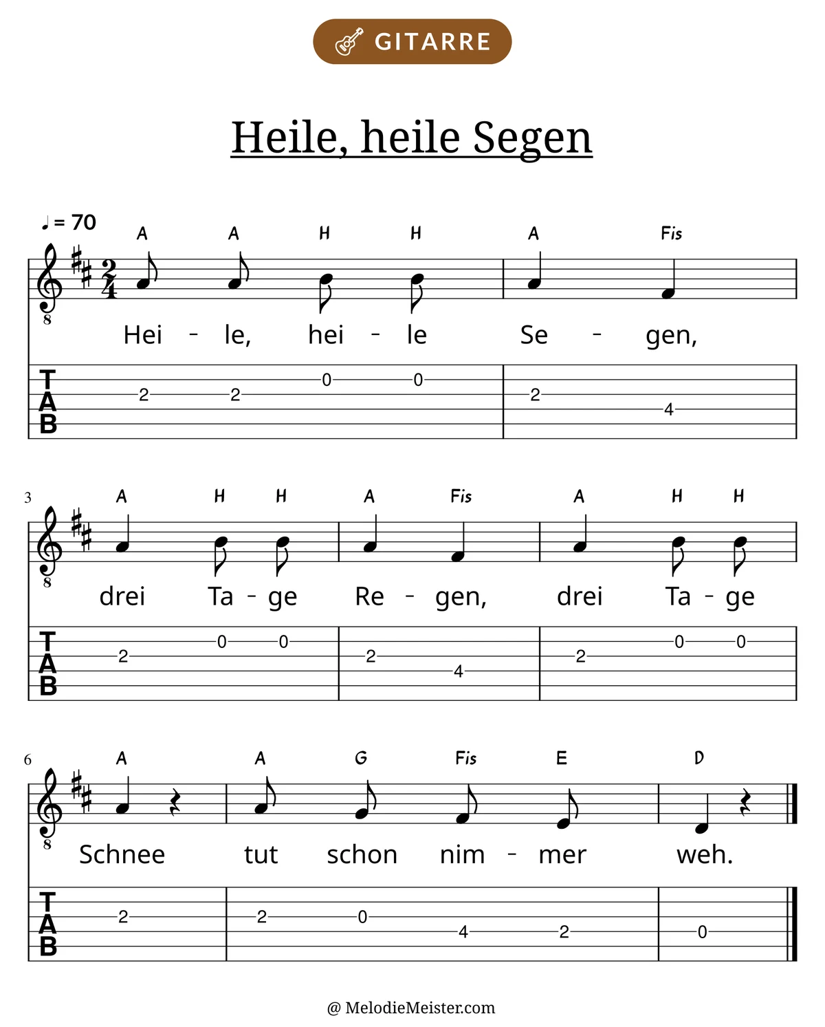 Notenblatt „Heile, heile Segen“ für Gitarre: Melodie mit Buchstaben über den Noten, darunter der Liedtext und die Gitarren-Tabulatur mit Bundzahlen.