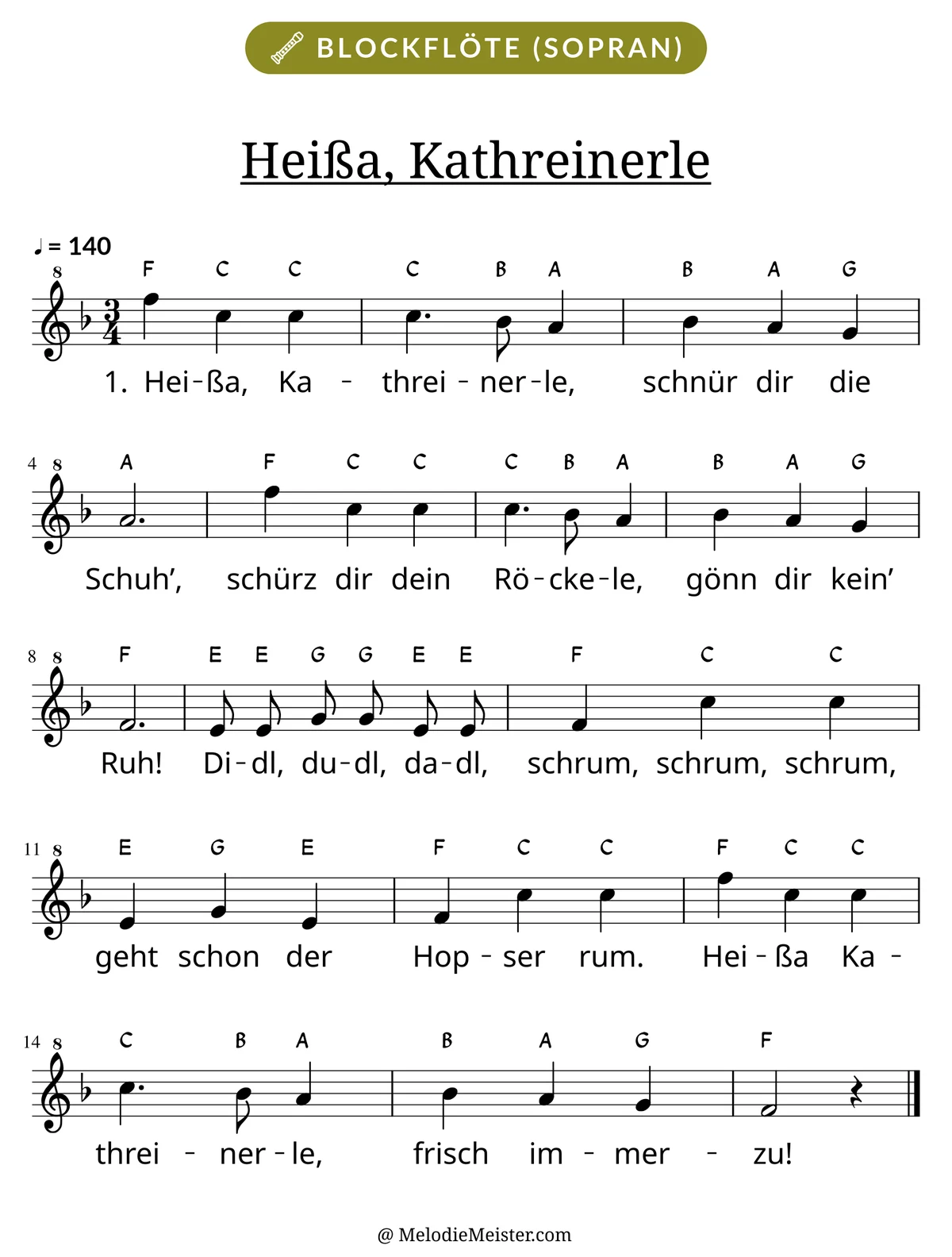 Notenblatt „Heißa, Kathreinerle“ für Blockflöte: Melodie mit Buchstaben über den Noten, darunter der Liedtext der 1. Strophe.