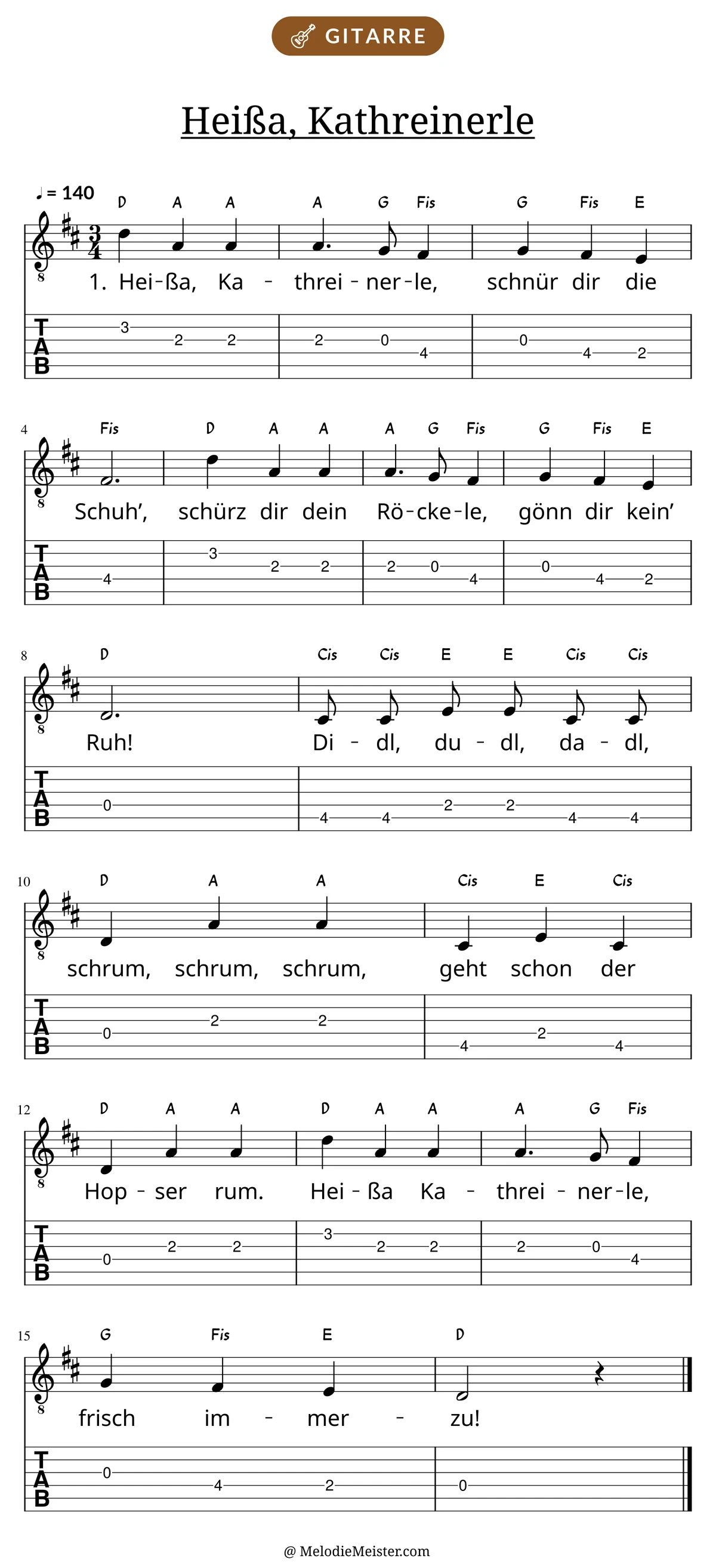 Notenblatt „Heißa, Kathreinerle“ für Gitarre: Melodie mit Buchstaben über den Noten, darunter der Liedtext der 1. Strophe und die Gitarren-Tabulatur mit Bundzahlen.