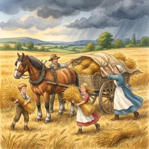 Eine Familie lädt auf einem Stoppelfeld Getreidegarben auf einen Pferdewagen, ein Kind trägt eine Garbe herbei; am Himmel ziehen dunkle Regenwolken auf.