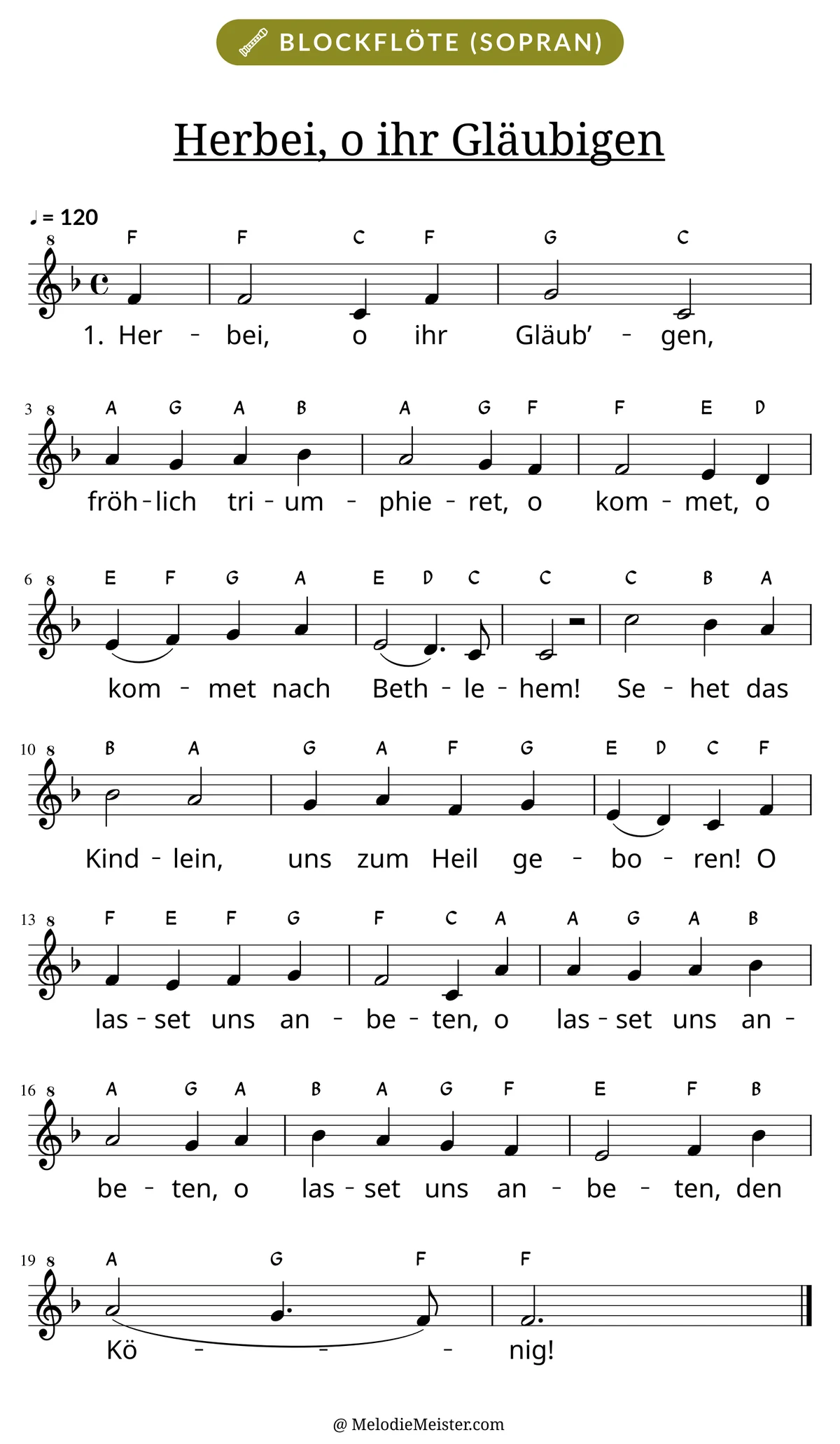 Notenblatt „Herbei, o ihr Gläubigen“ für Blockflöte: Melodie mit Buchstaben über den Noten, darunter der Liedtext der 1. Strophe.