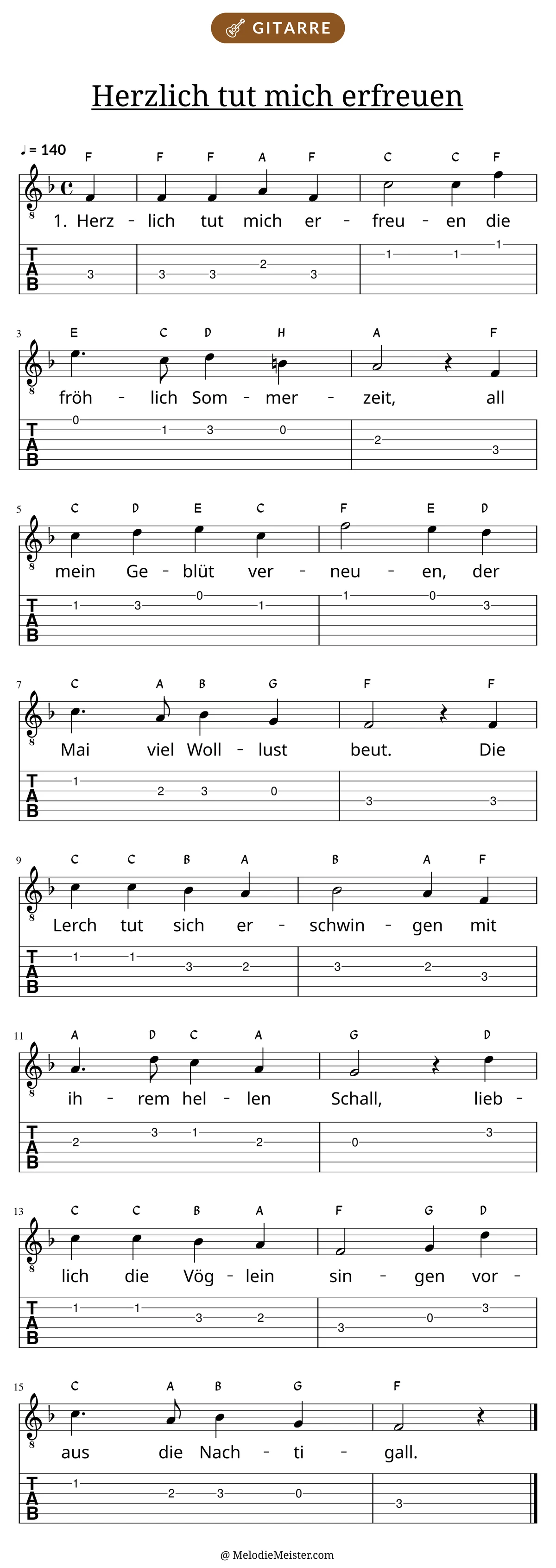 Notenblatt „Herzlich tut mich erfreuen“ für Gitarre: Melodie mit Buchstaben über den Noten, darunter der Liedtext der 1. Strophe und die Gitarren-Tabulatur mit Bundzahlen.