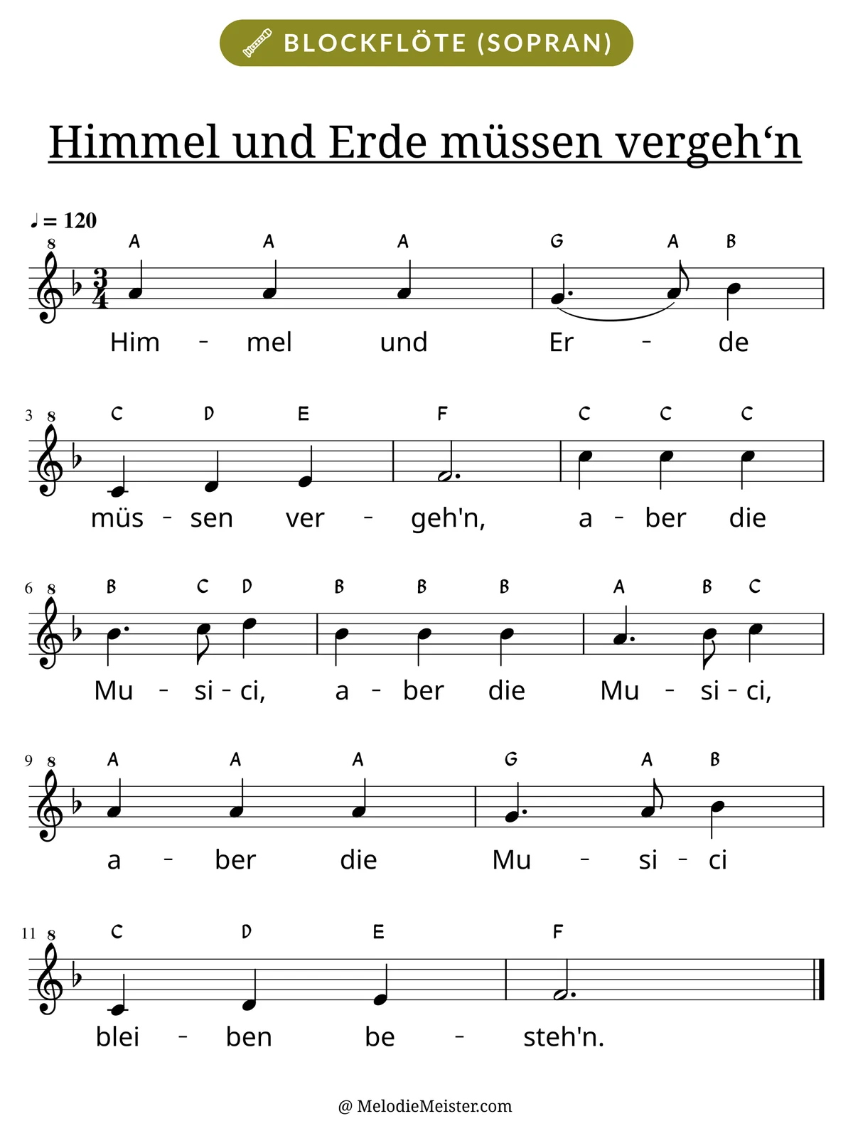 Notenblatt „Himmel und Erde müssen vergeh‘n“ für Blockflöte: Melodie mit Buchstaben über den Noten, darunter der Liedtext.