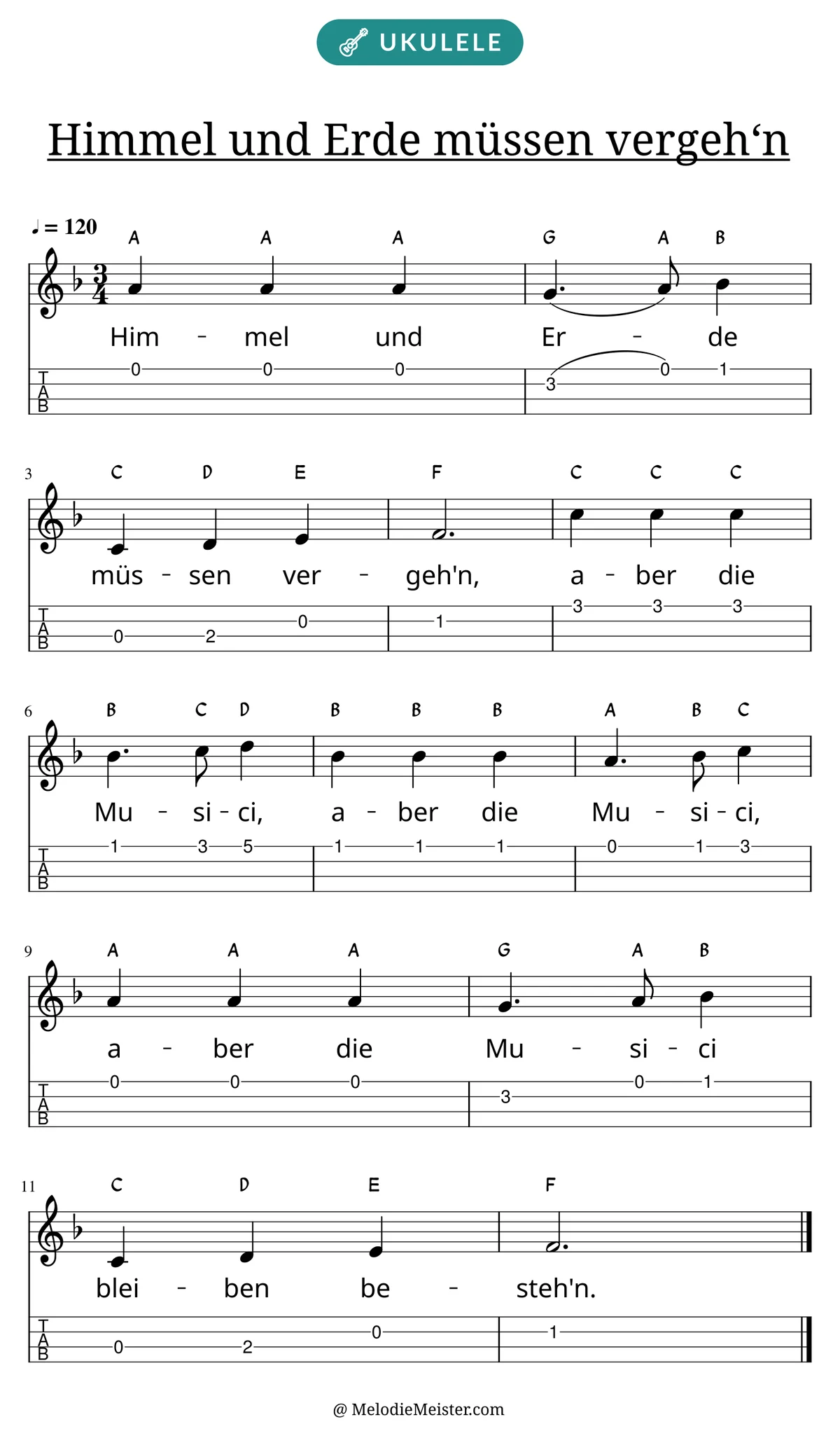 Notenblatt „Himmel und Erde müssen vergeh‘n“ für Ukulele: Melodie mit Buchstaben über den Noten, darunter der Liedtext und die Ukulele-Tabulatur mit Bundzahlen.