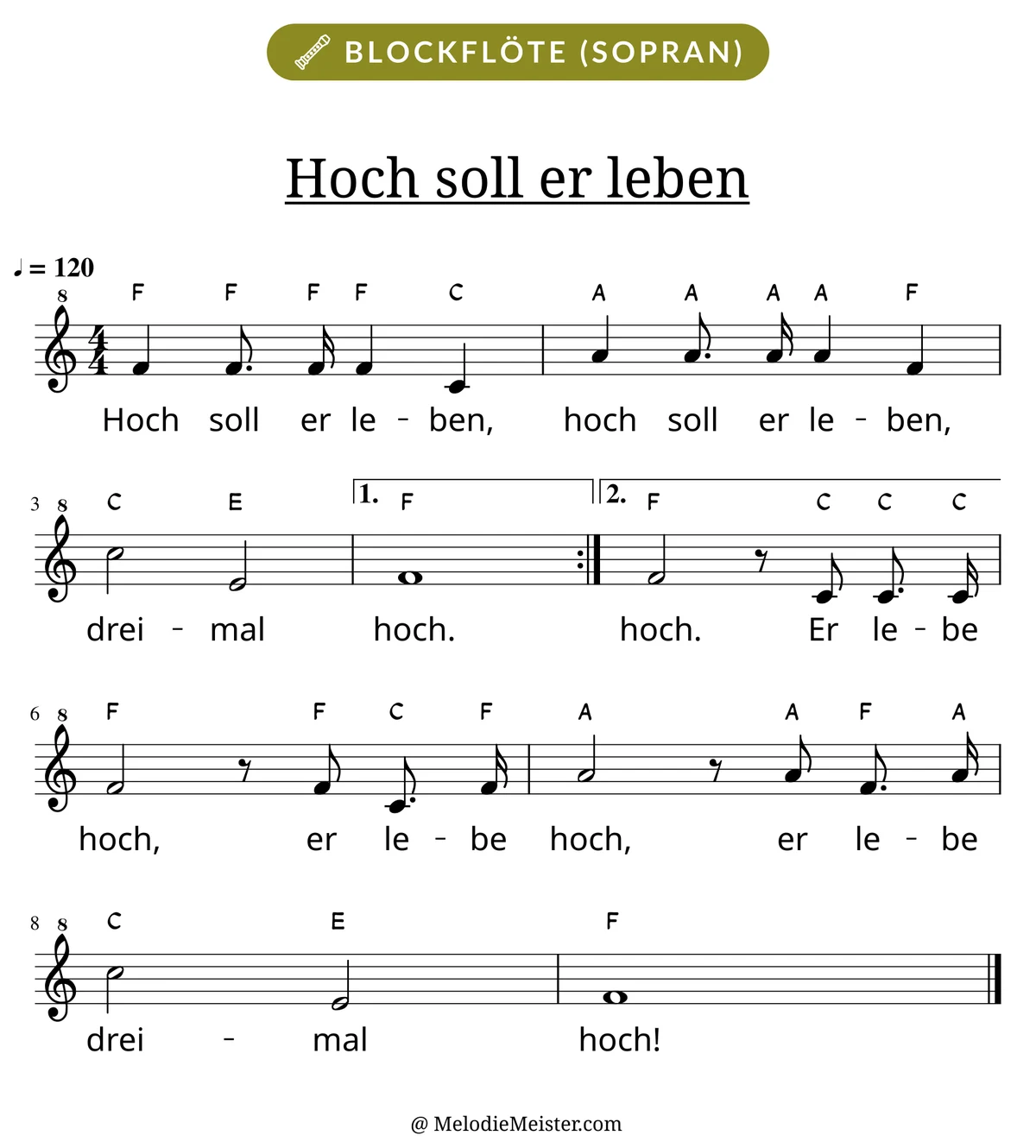 Notenblatt „Hoch soll er leben“ für Blockflöte: Melodie mit Buchstaben über den Noten, darunter der Liedtext.